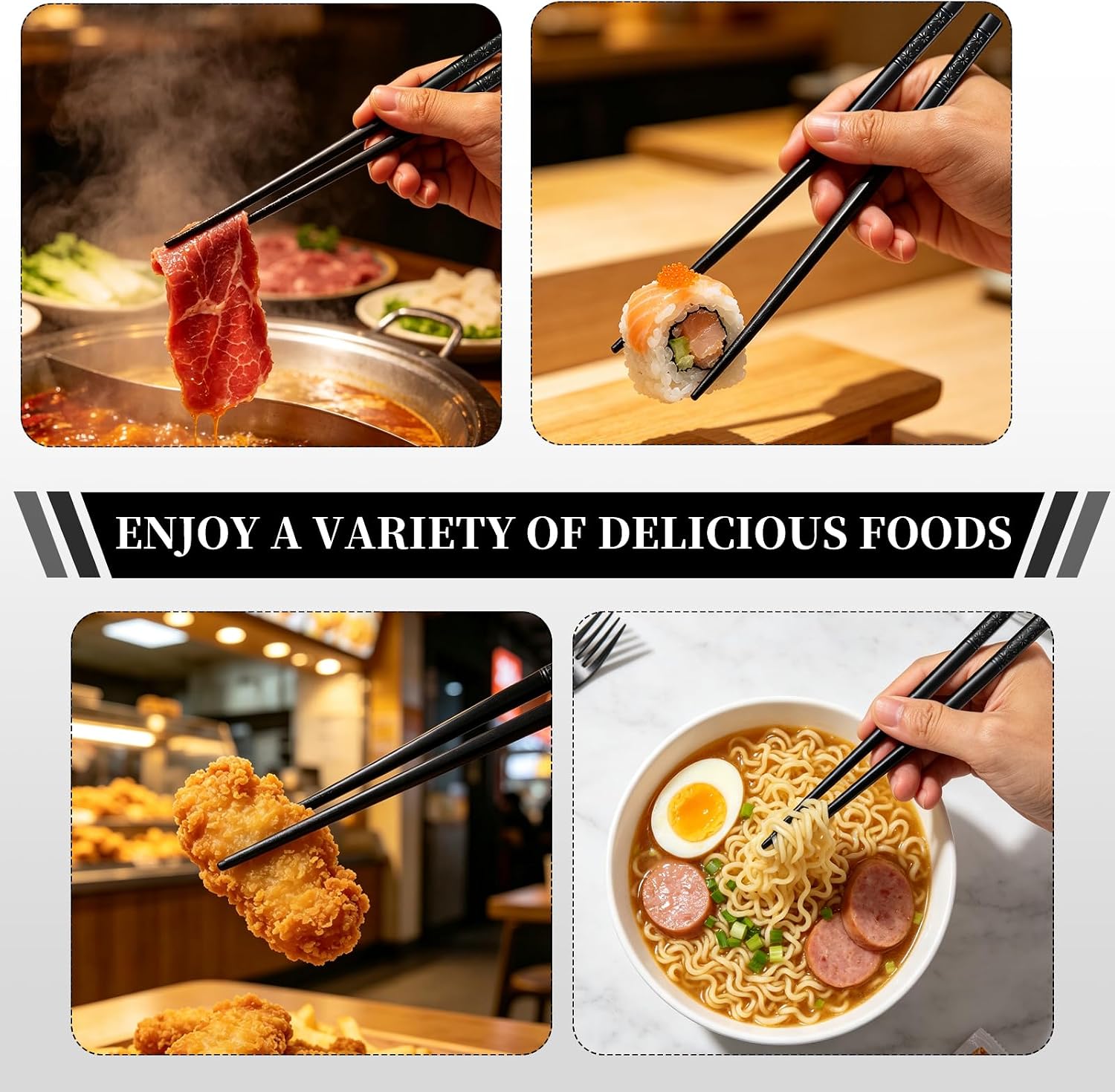15 Pairs Fiberglass Chopsticks, 9 1/2 Inches Reusable Anti-Slip Chop Sticks, Durable Food-Grade Chopsticks - Black