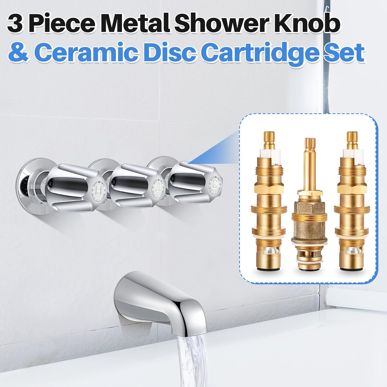 3 Piece Metal Shower Knob and Ceramic Disc Cartridge Set, Compatible with Price/Pfister, Hot Cold and Diverter Faucet Handle Rebuild Kit with Shower Valve Stem(Polished Chrome)