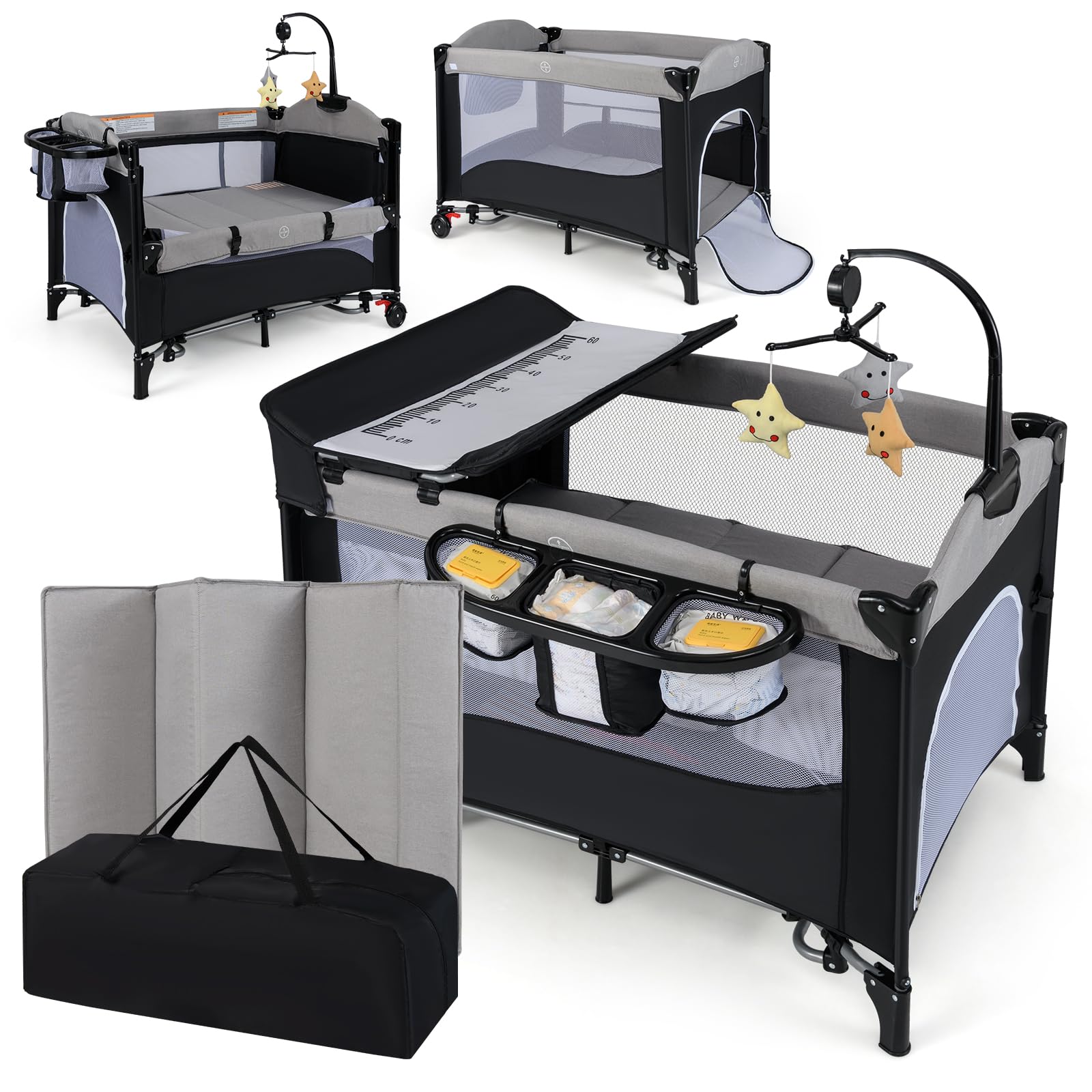 RELAX4LIFE 5 en 1 Cuna Bebé con 5 Alturas Ajustables, Cambiador, Colchón, Caja Música, Juguetes Colgantes y Bolsa de Transporte, Cuna de Viaje con 2 Ruedas Bloqueables para Bebés 0-3 Años (Gris)