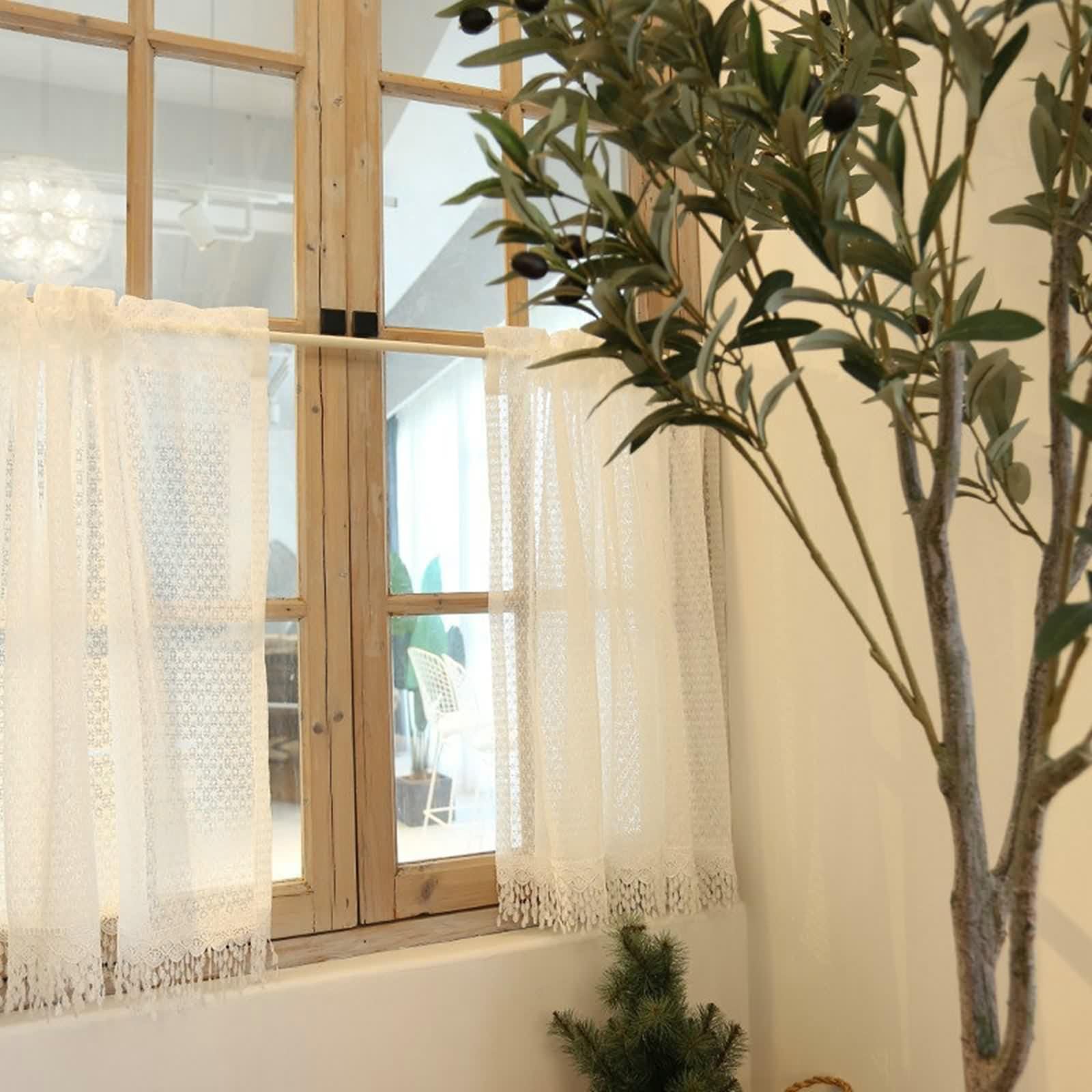 Petit Rideau Voilage, Blanc Rideau Cuisine Moderne Polyester Dentelle À Motifs Floraux LxH 130x130cm