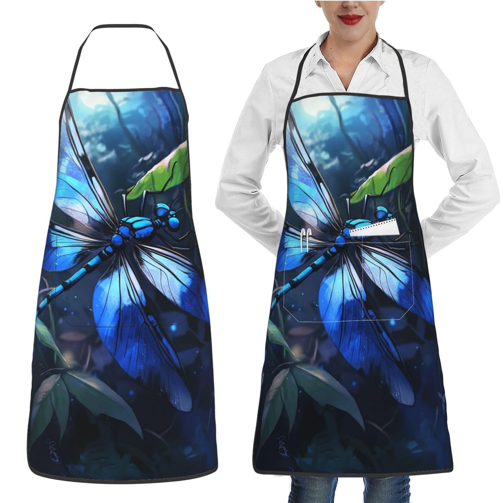Xopekvlawm Unisex Art Blue Dragonfly Waterproof Apron Adjustable Bib Aprons With Pockets Apron Kitchen Aprons For Women Men
