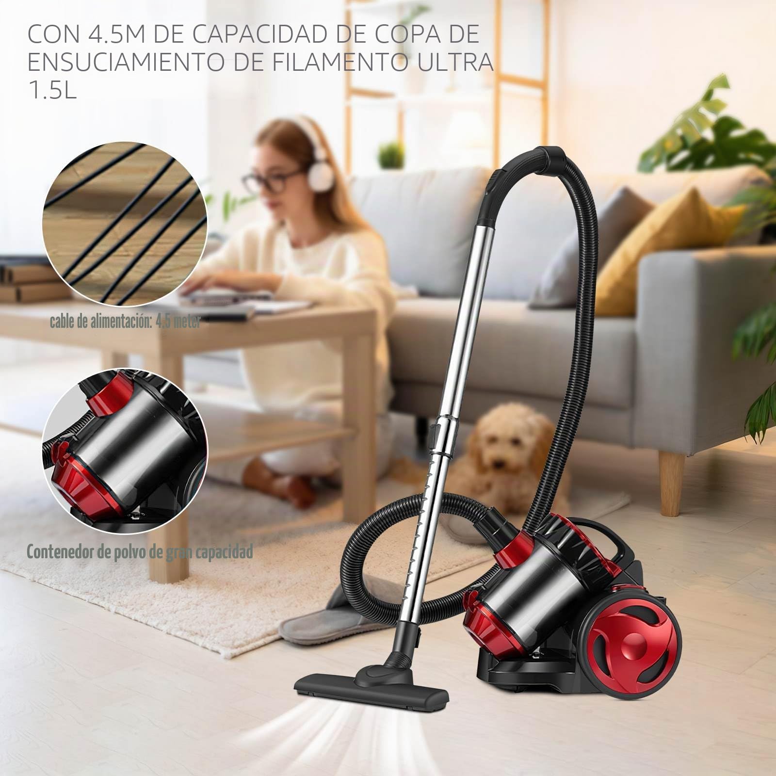 Aspirador sin bolsa, 2000 W, aspirador compacto silencioso, capacidad 1,5 L, con sistema de filtración HEPA, potente aspirador para suelos, alfombras, sofás y coche