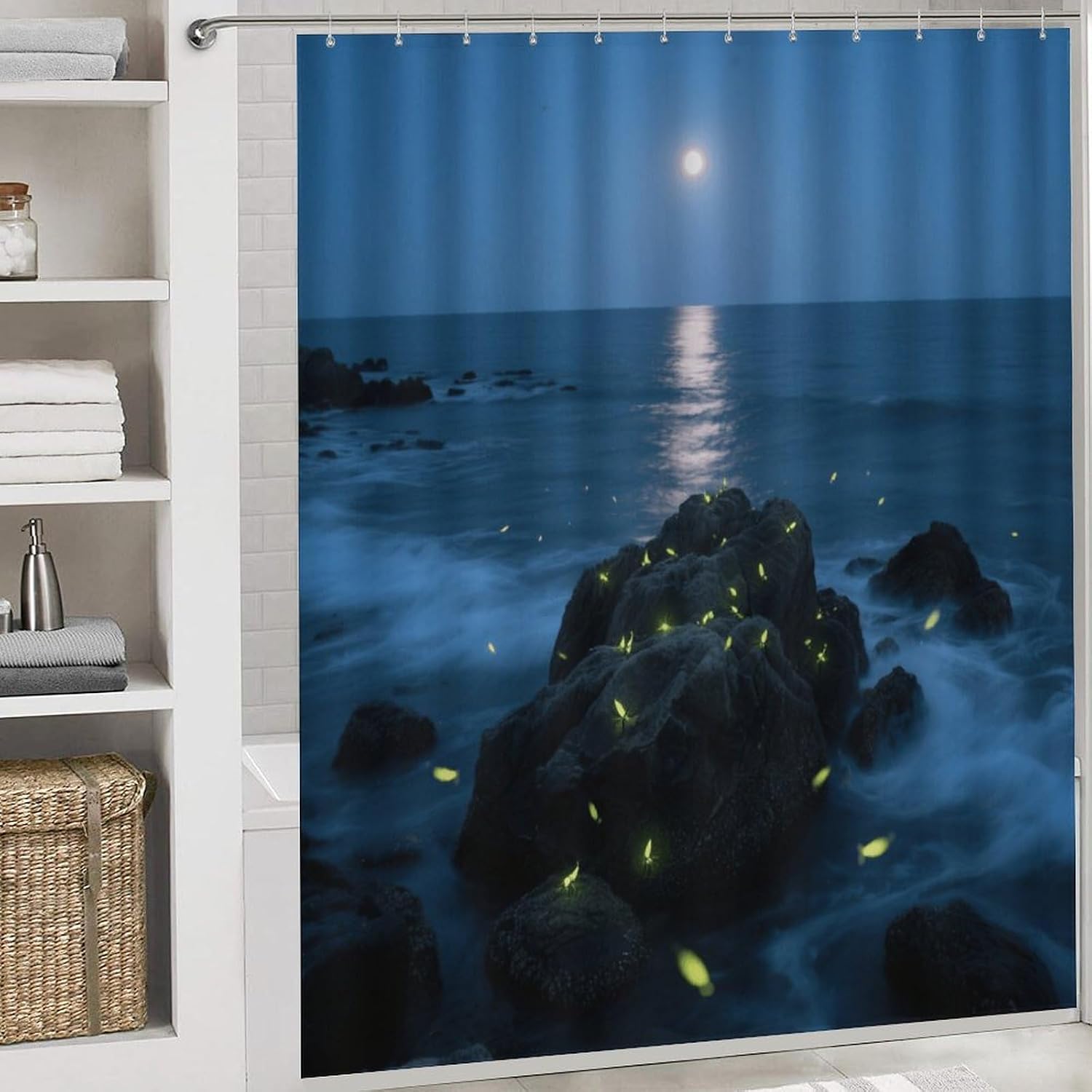 Firefly Reef Bath Rug Set 4 Piece,Bathroom Accessories Set-Toilet Rugs U Shaped,Toilet Lid Cover,Shower Curtain and Rugs,Ultra Soft, Absorbent,Home Decor