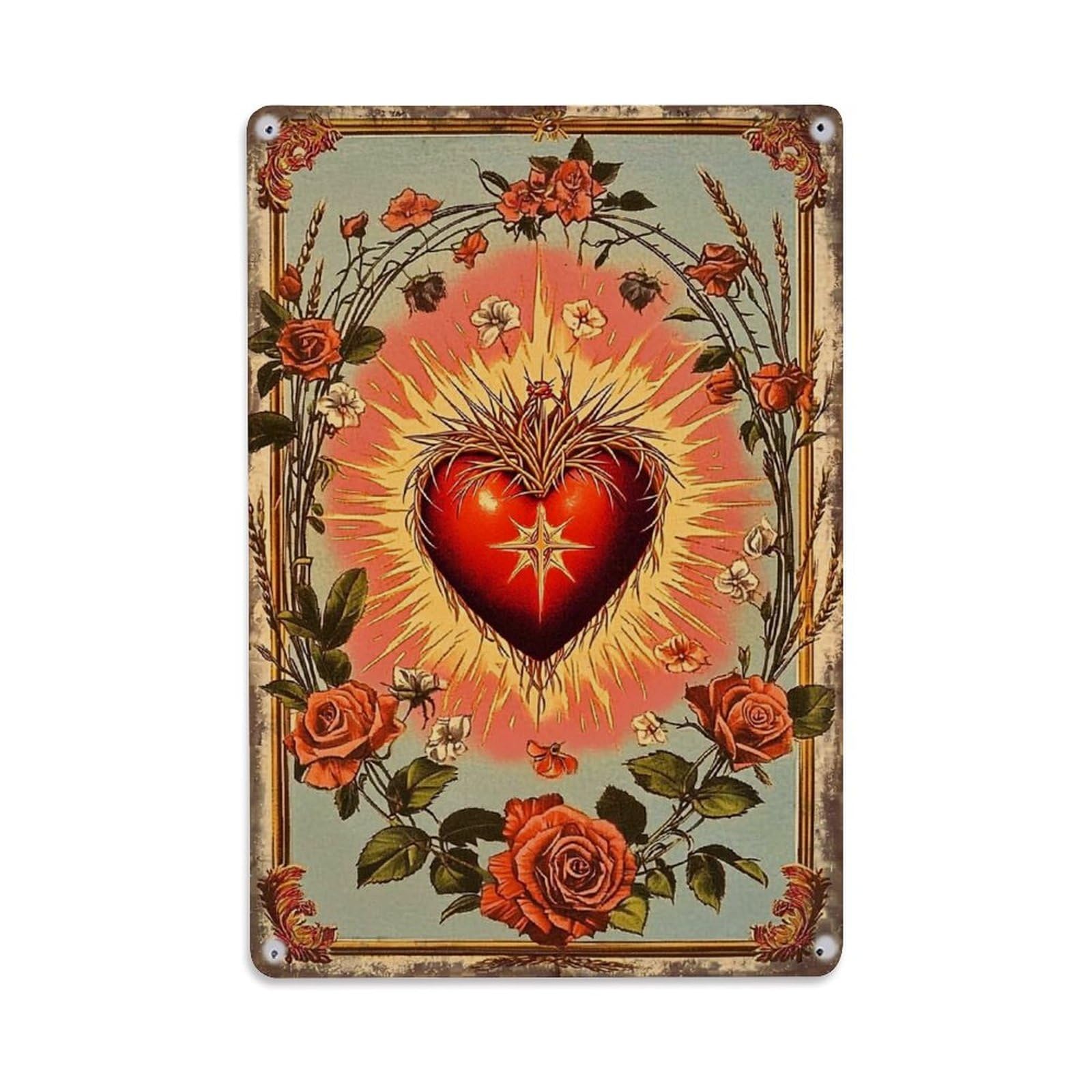 Jdfenggu Vintage Sacred Heart With Roses And Thorns Retro Metal Tin Sign, Decor Art Poster For Bar, Home, Man Cave, Kitchen, Laundry Room Gift 8X12inch