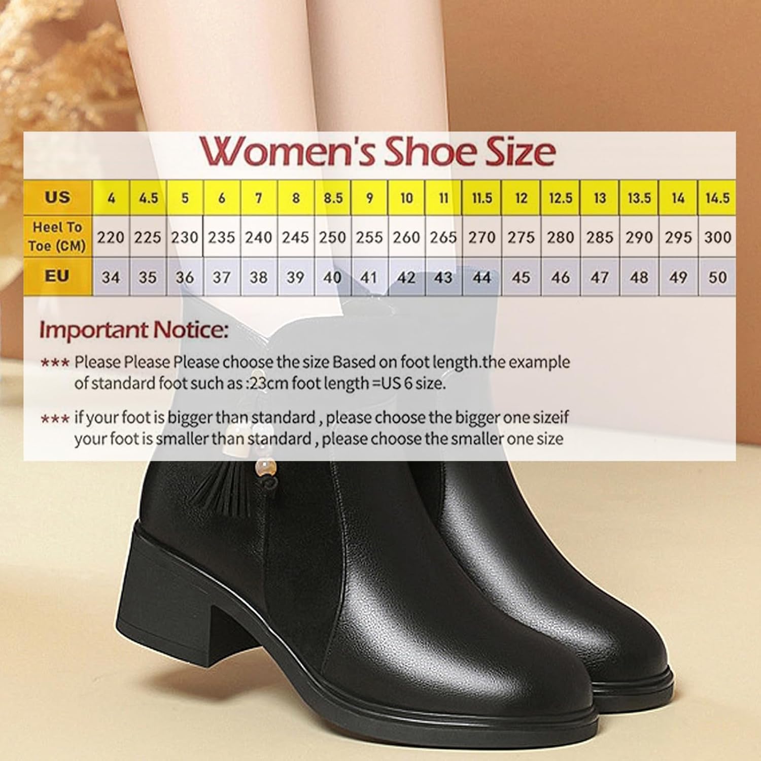 Women's Leather Side Zipper Mid Chunky Heel Winter Ankle Boots Comfortable Round Toe Warm Fur Lined Soft Sole Non-slip Booties with Tassel Dec Fashion Dress Ankle Booties - Image 7