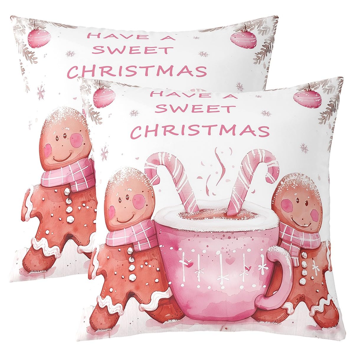Cute Gingerbread Men Throw Pillow Covers (Pack of 2),Merry Christmas Cushion Cover for Girls Boys Teens Candy Coffee Cup Pillow Cases Pink White Living Room Sofa Bed Decor,22"Lx22"W