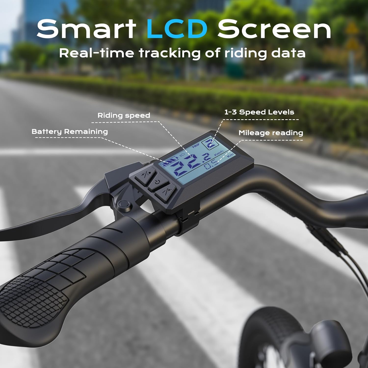 Close-up of the Smart LCD Screen on the Vipdrive Urbanite 1.2 Electric Bike handlebar