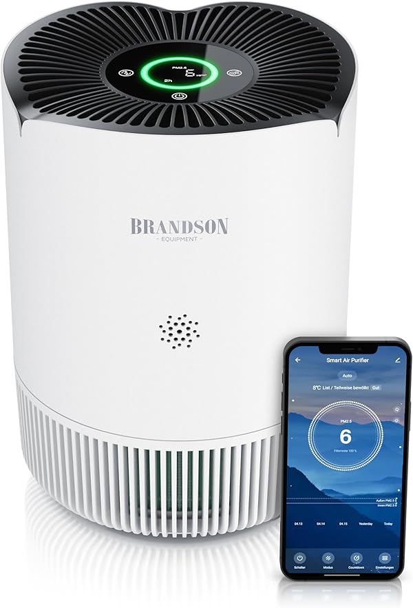 Brandson - Luftreiniger Allergiker WLAN - CADR 158 m³/h 50 m² - Air Purifier - Preisträger 2025 - Smart Home mit App - 4 Filter HEPA Aktivkohle – Tierhaare Pollen Staub Schimmel Viren Raucherzimmer