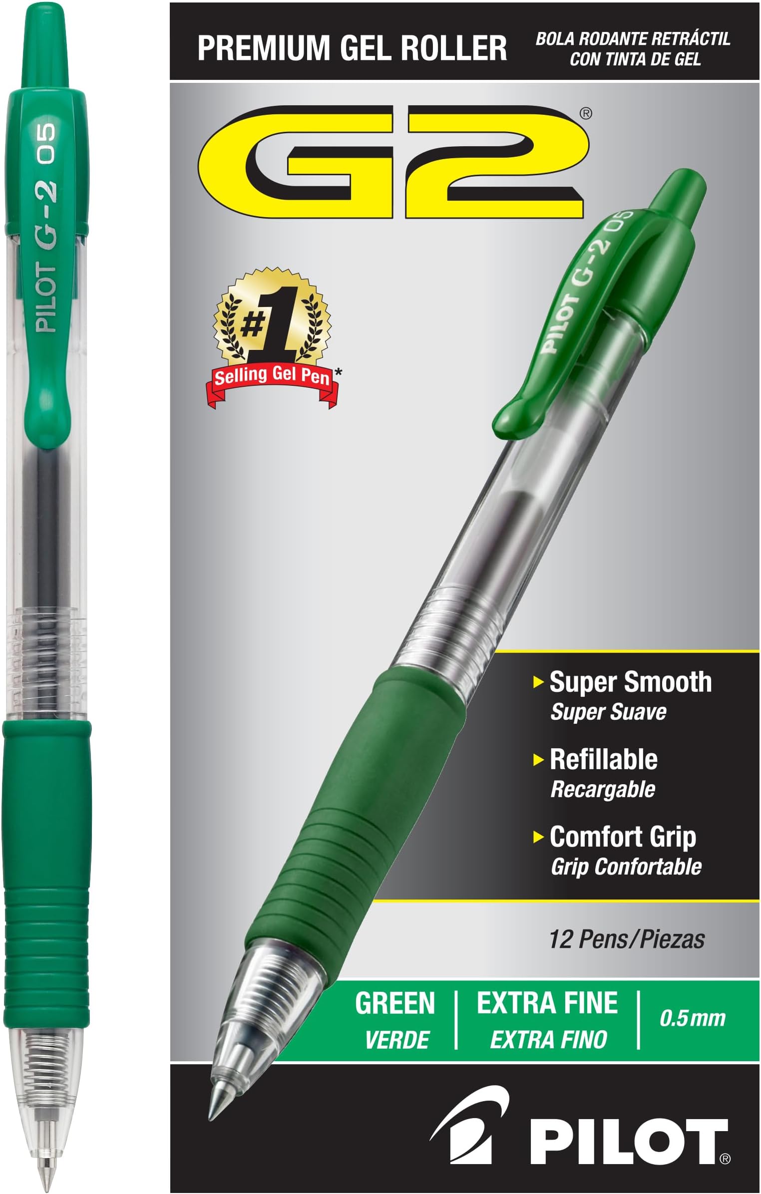 G2 Premium Refillable and Retractable Rolling Ball Gel Pens, Extra Fine Point, Green Ink, 12-Pack (31005)