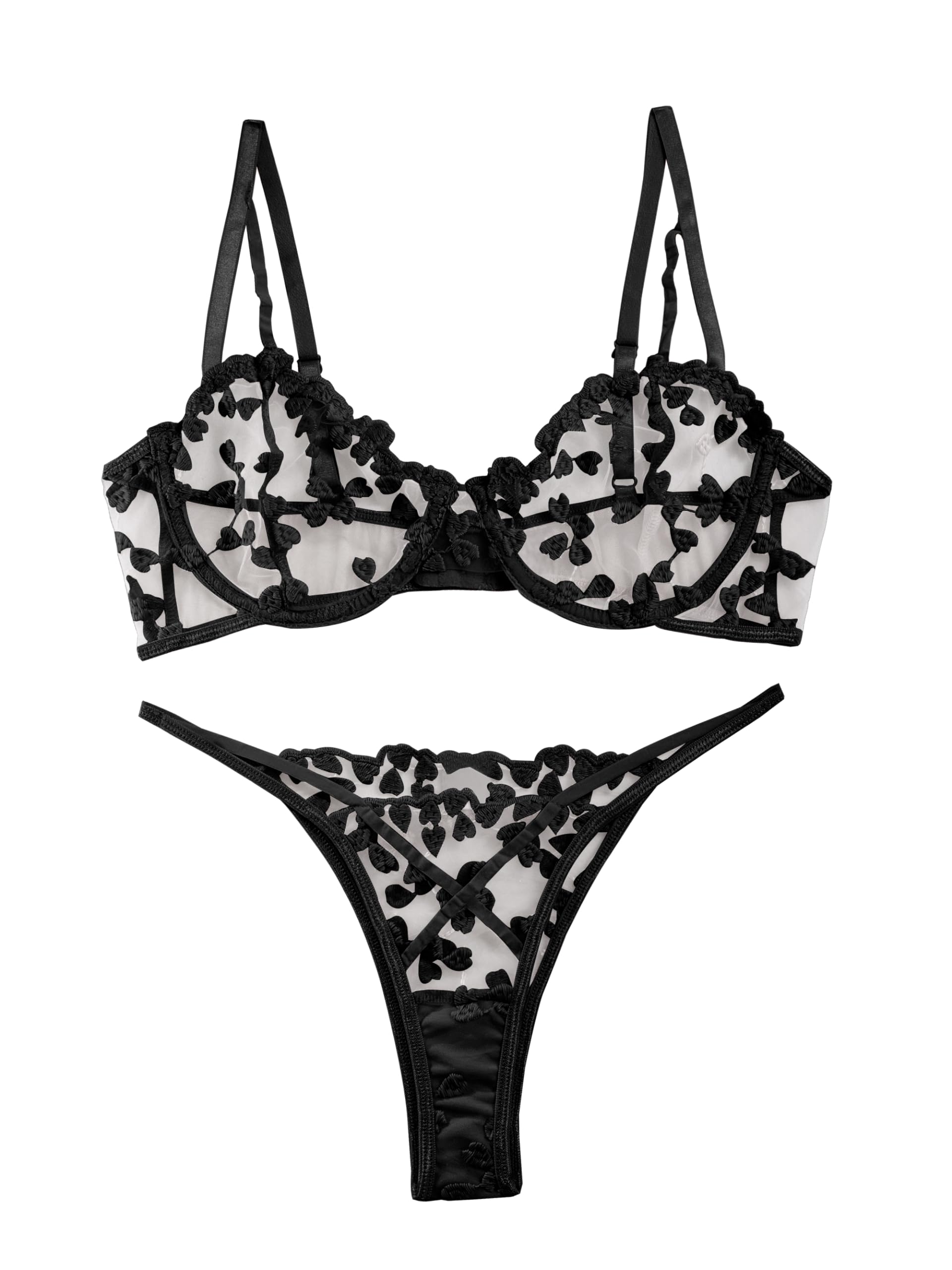 Lilosy Sexy Underwire Cute Push Up Strappy Embroidered Mesh Sheer Lingerie Set See Through Panty Bra: 3X-Large Black
