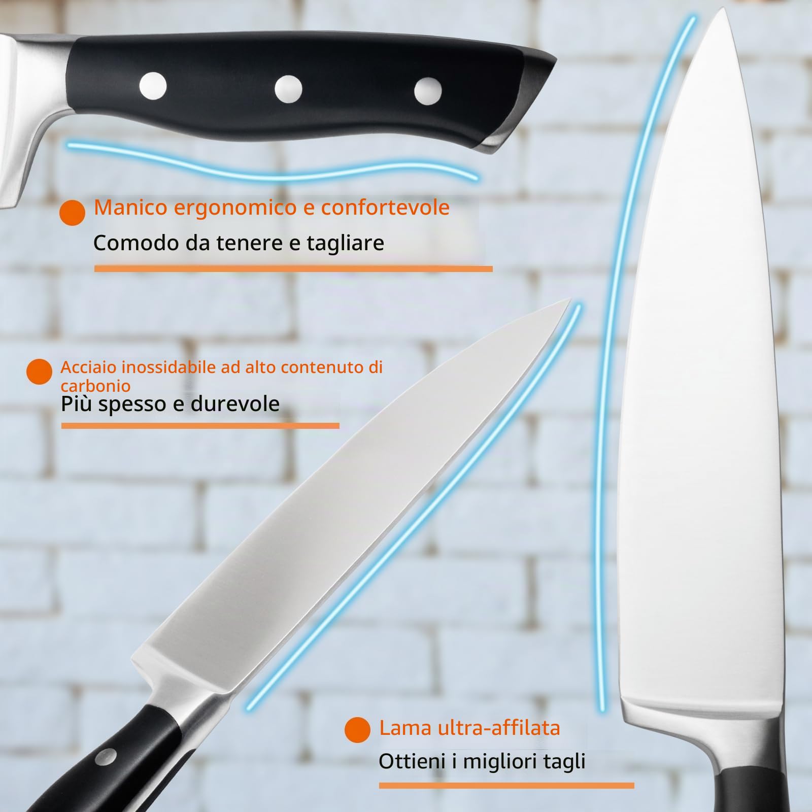 Set di 7 coltelli con Ceppo, 7 Pezzi, Chef, per Pane, Coltello a Fette, Multiuso Spelucchino, Forbici da Cucina Multifunzione e Blocco Coltelli, Manico Ergonomico
