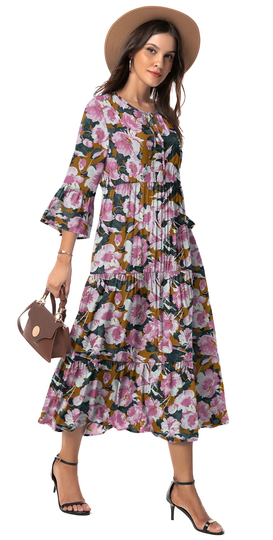 VIISHOW Womens 3/4 Sleeve Casual Bohemian Midi Dress