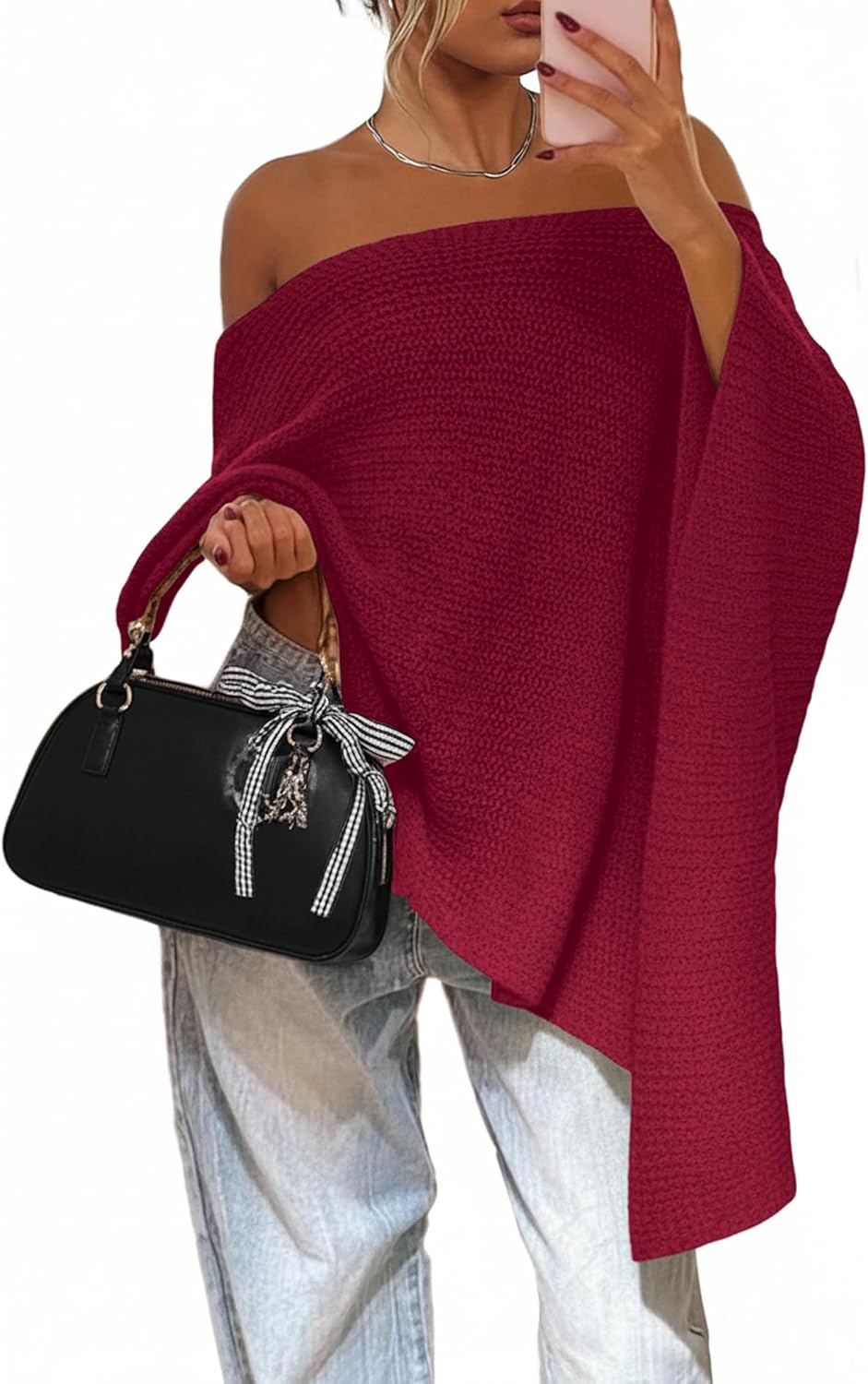 Womens Fall Oversized Off The Shoulder Knitted Poncho Y2k Shawl Lightweight Sweater Cape Sheer Ponchos