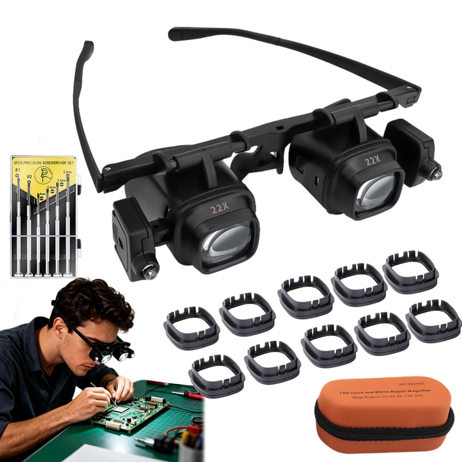 Precision Led Magnifier For Electronics & Crafts, Magnifying Glasses, Wearable, Interchangeable Lenses 2x 4x 6x 8x 10x 12x 24x, For Electronic Repair Soldering Watch Repair Crafts (Group5, Set2)