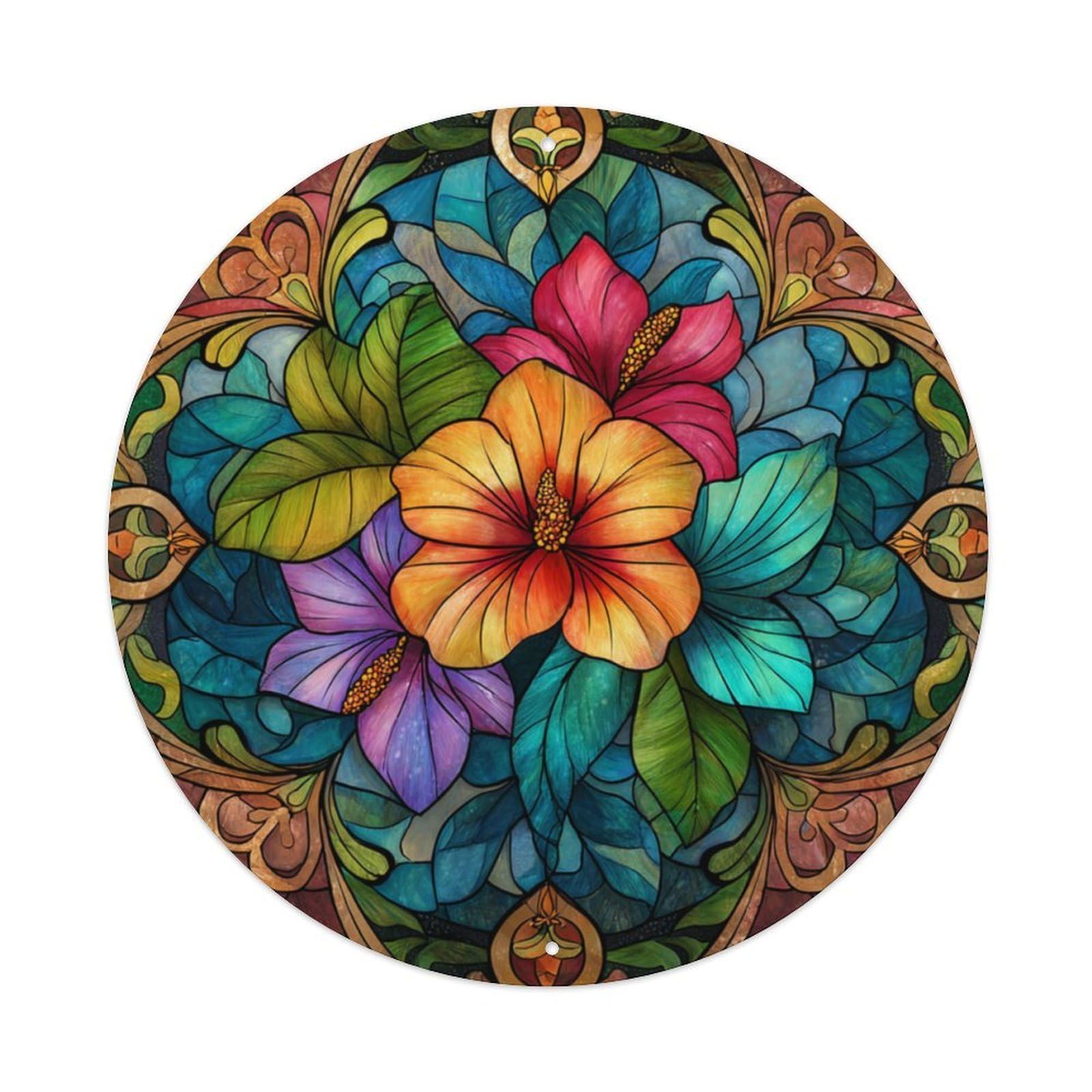 Stained Glass Hibiscus Floral Wall Sign Vintage Aluminium Metal Sign, Retro Wall Decor for Home, Bar, Garage & Farmhouse 20x20cm