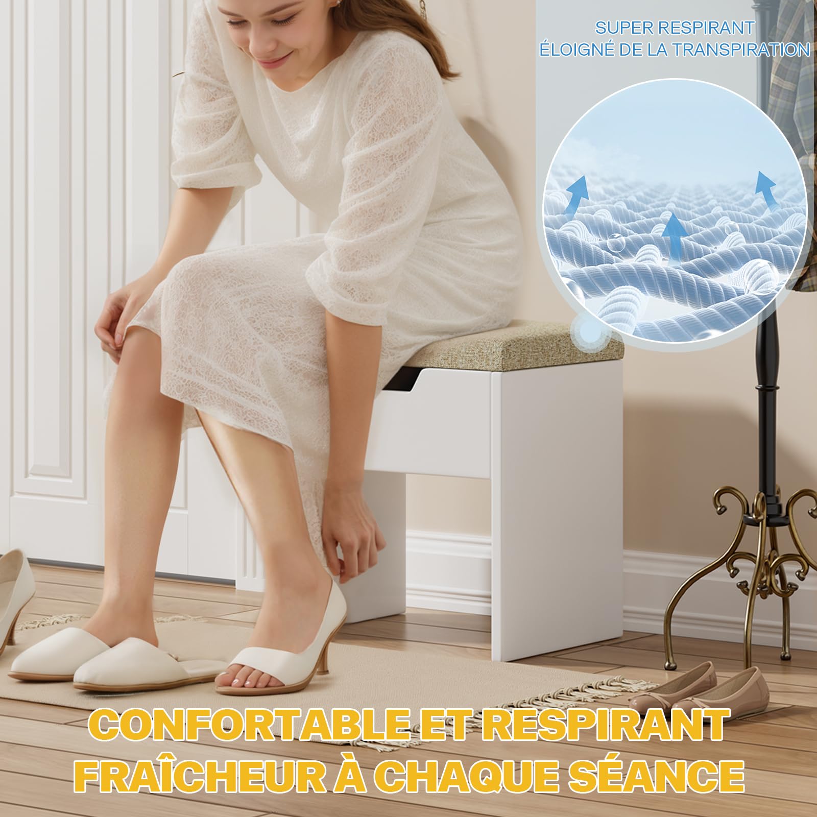Devoko Tabouret de Coiffeuse avec Rangement, Chaise de Maquillage Rembourrée, Repose-Pieds en Tissu, Respirante et Un Confort, pour Chambre à Coucher, Dressing et l'Entrée, Tabouret Moderne Blanc