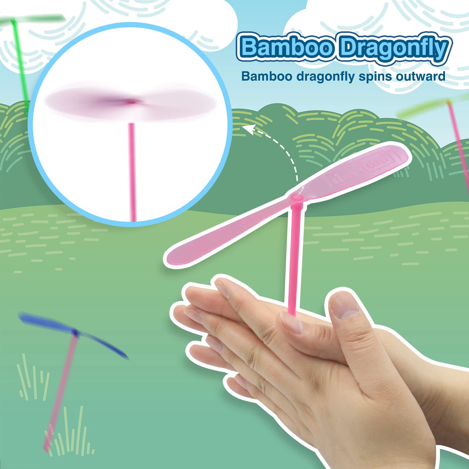 Juego de 200 helicópteros de mano, 100 hélices+100 varillas de bambú libélula helicóptero de juguete, accesorios aerodinámicos, lanzador de discos voladores, juguetes al aire libre, regalos 6