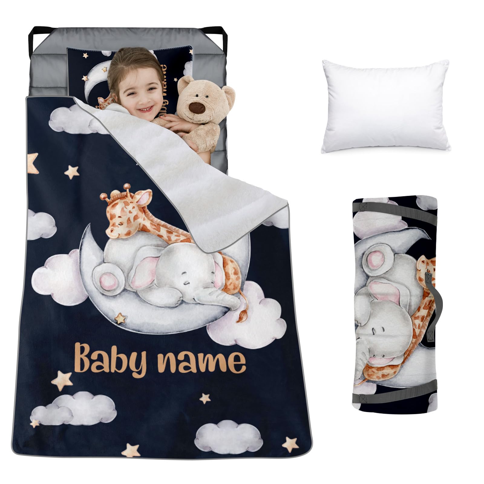 Custom Toddler Nap Mat for Preschool, Personalized Name Slumber Bags with Animals for Kids Daycare, Roll Up Sleeping Mats with Flannel Blanket & Removable Pillow for Boys Girls Color01