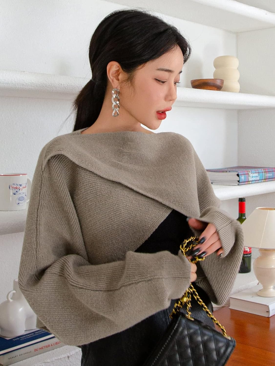 Women's Sweater Solid Criss Cross Crop Sweater Sweater for Women (Color : Mocha Brown, Size : Small)