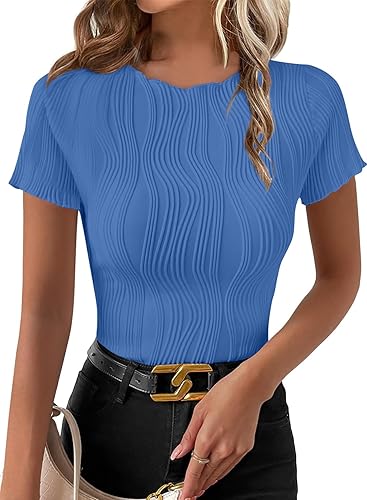 EVALESS Womens Short Sleeve Textured Tops Summer Casual Crewneck Solid