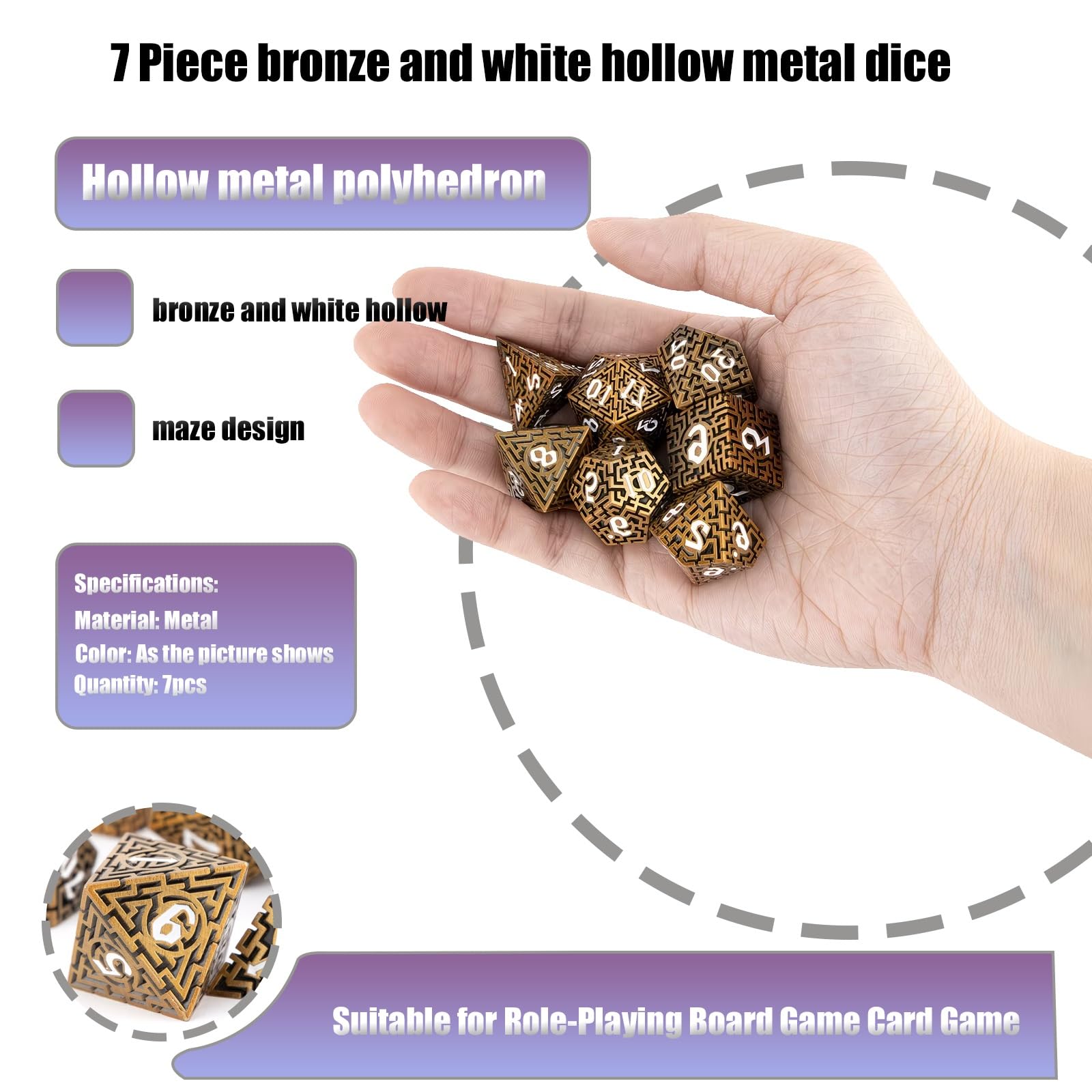 7 dados de diseño de laberinto de bronce y blanco, poliedro hueco, compatibles con juegos de rol RPG de cartas