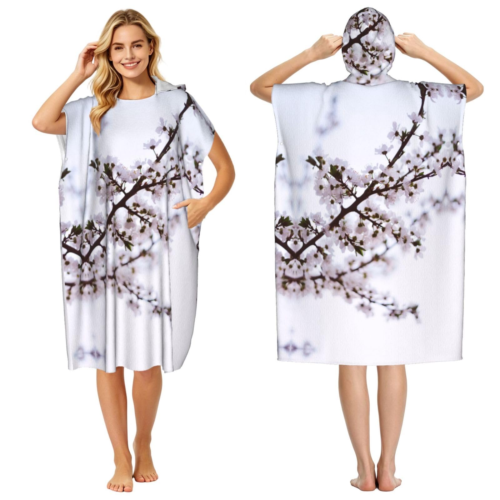 Poncho à capuche microfibre fleurs de pêcher : peignoir de bain léger été et surf