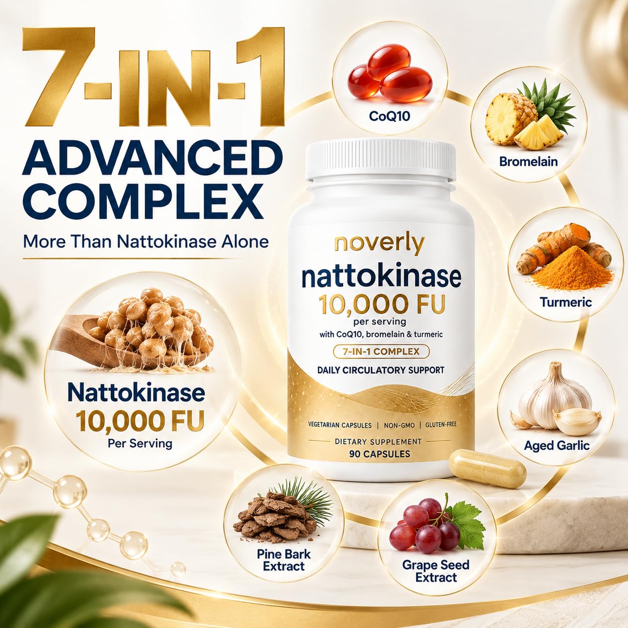 Nattokinase 10,000 FU Per Serving, 7-in-1 Nattokinase Supplement with CoQ10, Bromelain, Turmeric, Aged Garlic, Pine Bark & Grape Seed Extract, 90 Vegetarian Capsules, Non-GMO, Gluten Free — Amazon image 3