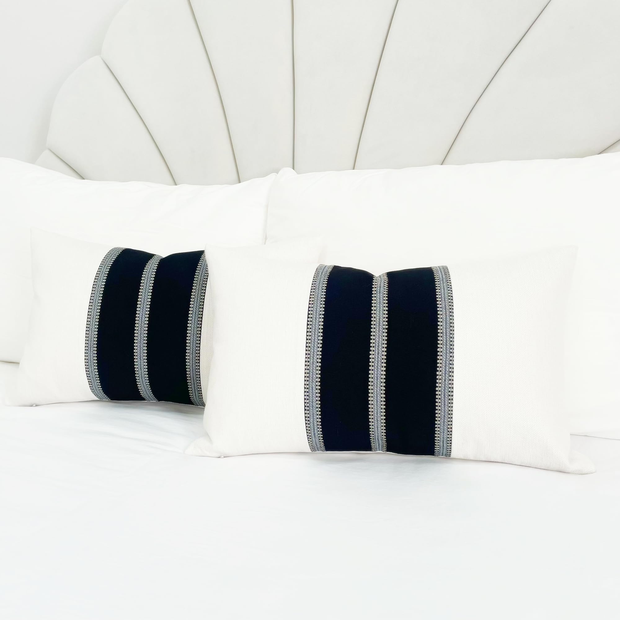 Slow Cow Pack of 2 leather Off White and Black Patchwork Rectangular Throw Pillow Cover Decorative Cushion Cover for Couch Sofa Lumbar 12 x 20 Inches