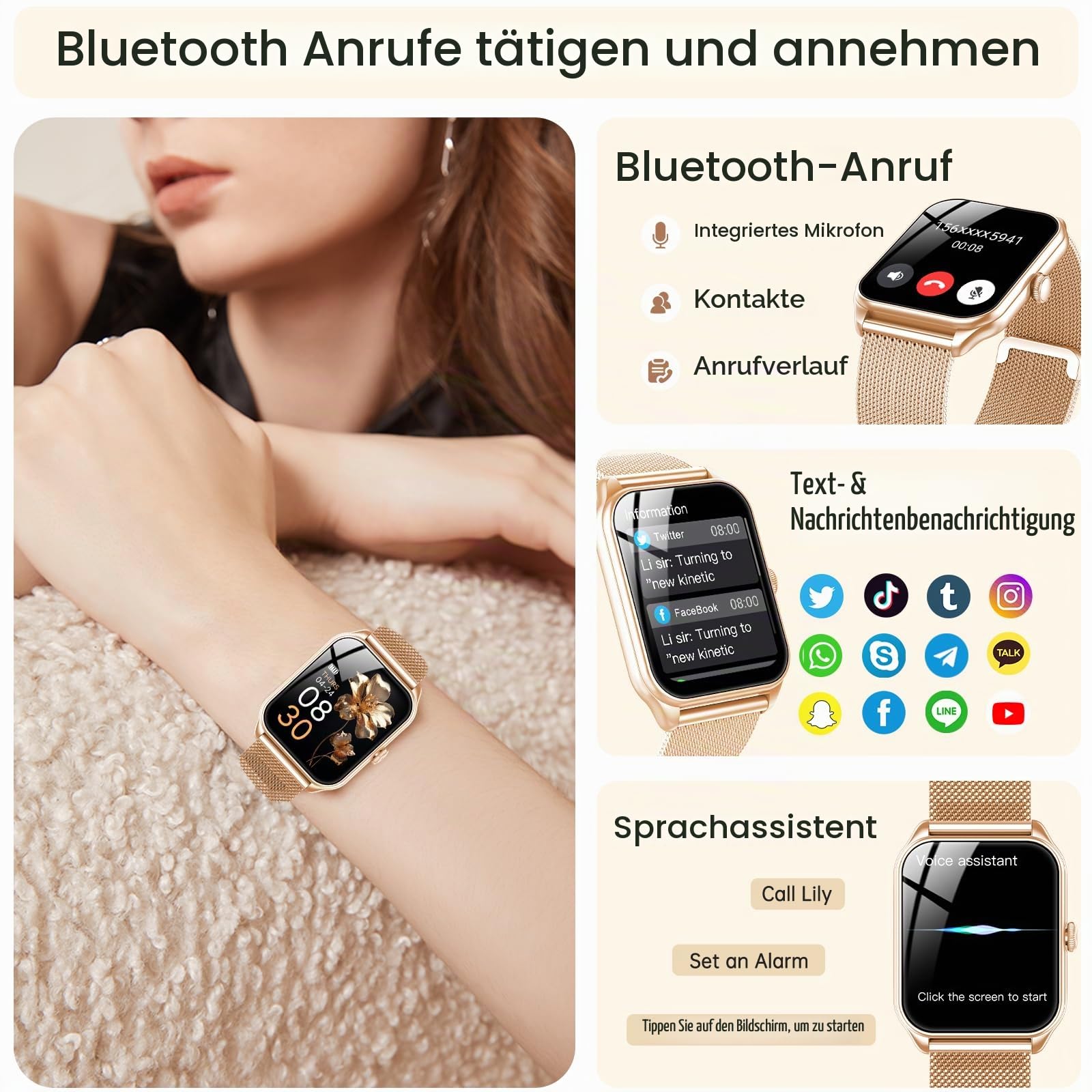Smartwatch Damen mit Telefonfunktion, 1,83" Zoll Touchscreen Fitness Tracker, 120+ Sportmodi, IP68 Wasserdicht Smart Watch mit Herzfrequenz, Schlafmonitor, Schrittzähler für iOS Android (Roségold)