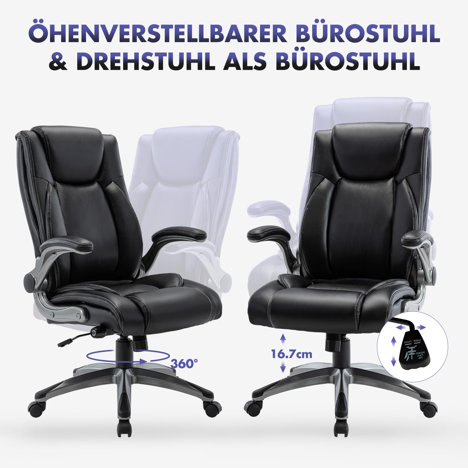 COLAMY Bürostuhl Ergonomisch, Chefsessel mit Hoher Rückenlehne, Ergonomischer 360° Drehstuhl für Büro, Schreibtischstuhl Lederstuhl mit Verstellbarer Neigungsverschluss, Schwarz