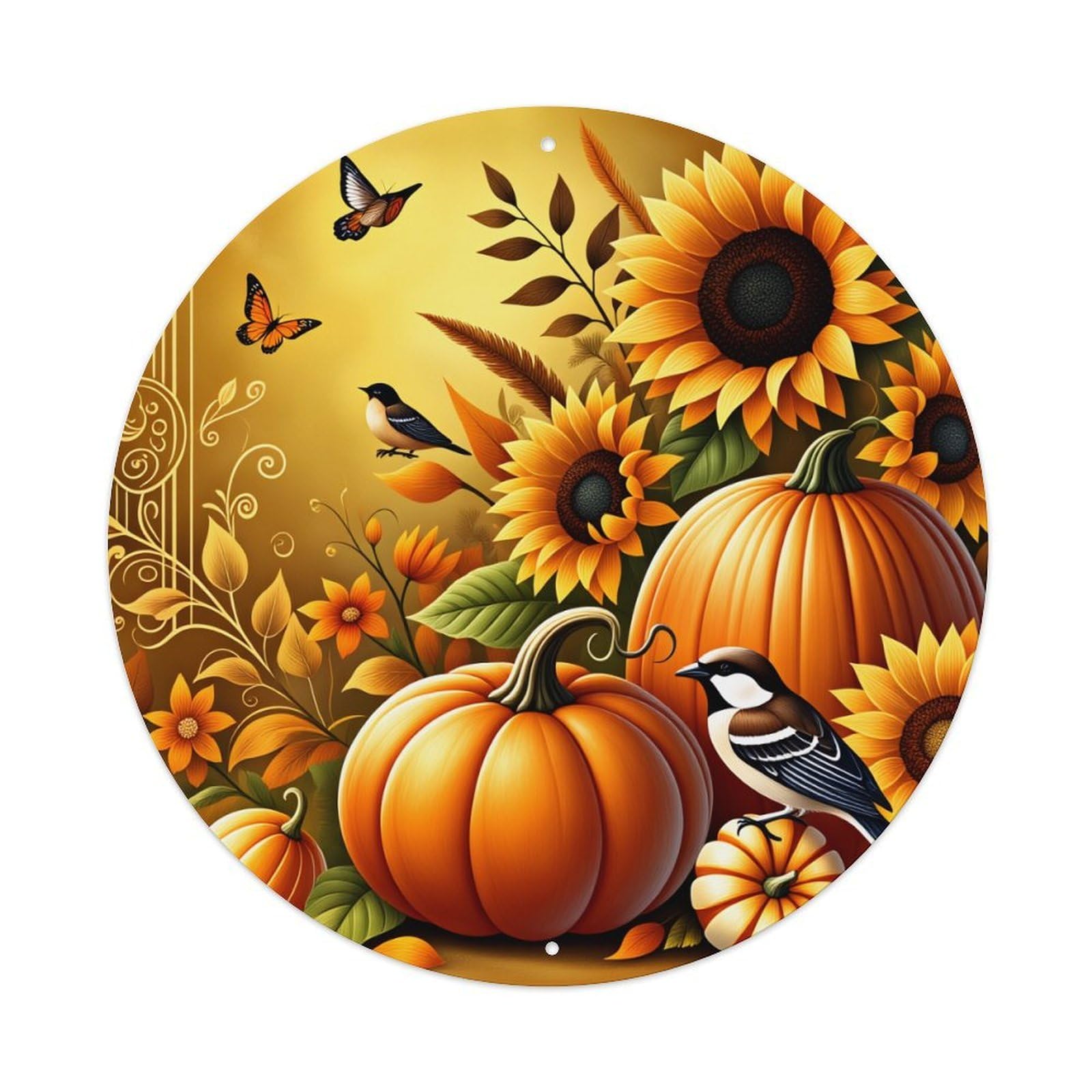 Autumn Sunflower Pumpkin Bird Butterfly Round Tin Sign Vintage Style Metal Sign Home Bar Garden Wall Plaque Decor Metal Poster 8x8 Inch