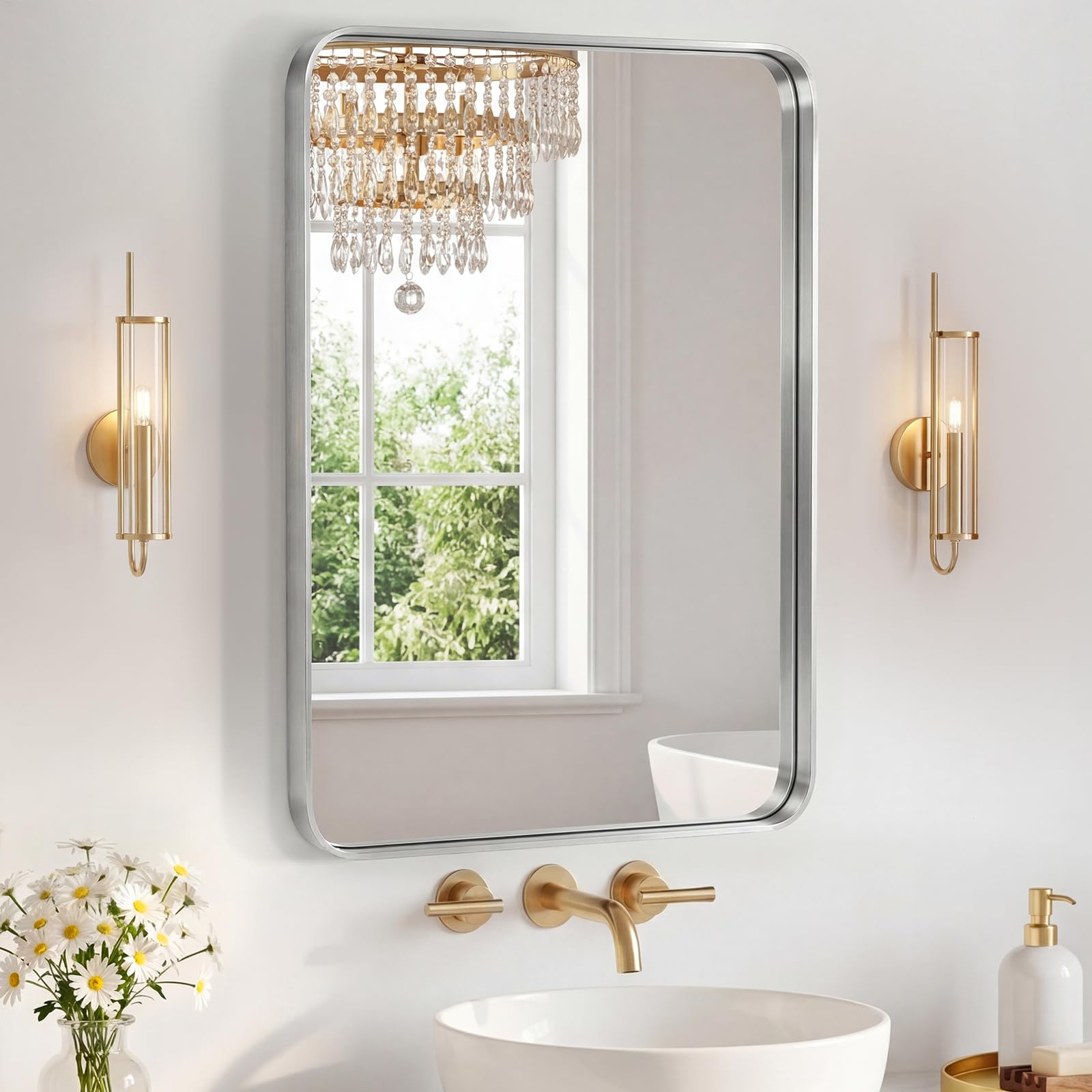 Sweetcrispy Bathroom Mirror 30x22 Inch Metal Framed Rounded Rectangle Vanity Mirror for Wall, Over Sink, Farmhouse, Restroom, Anti-Rust, Modern