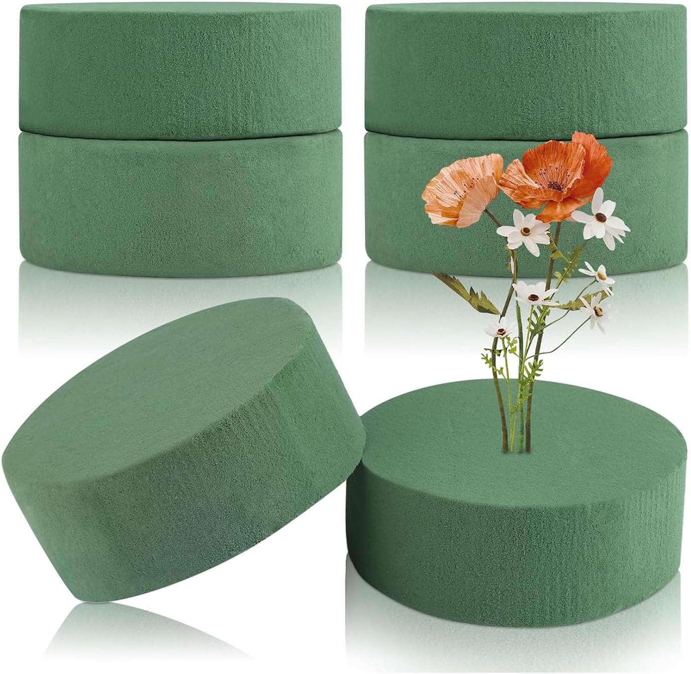 6 Round Floral Foam Blocks 10 x 10 x 4 cm – Cylinder for Fresh and Artificial Flowers – Ideal for Decorations, Weddings, Parties and Floral Arrangements (Wet/Dry Moss)
