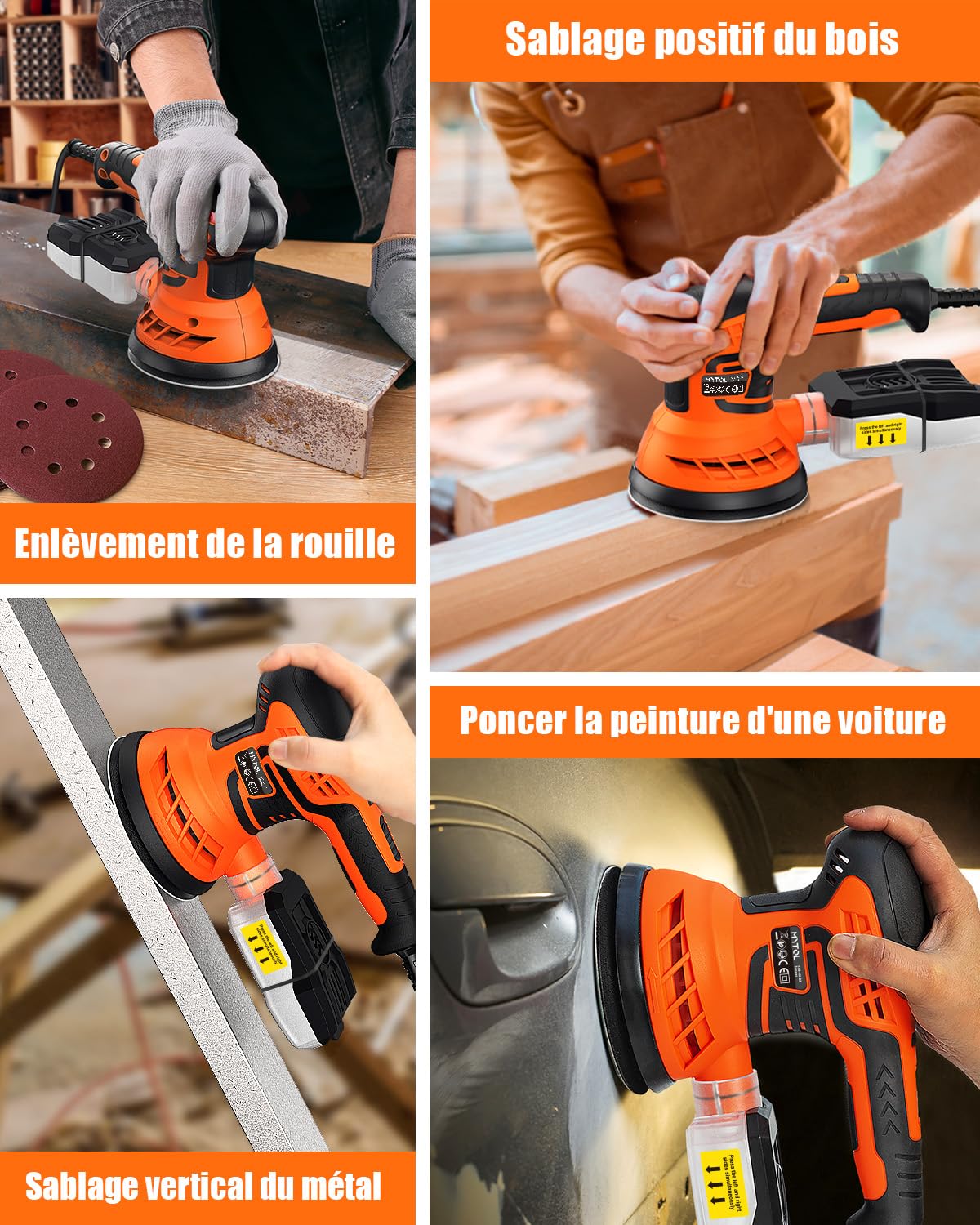 MYTOL Ponceuse Excentrique 350W, 7 Vitesses Variables, 14pcs de Papier de Verre (2 Papiers de Verre sans Poussière)et Dépoussiéreur, 6000-13000 U/min, 125MM Ponceuse Orbitale pour le ponçage/polissage