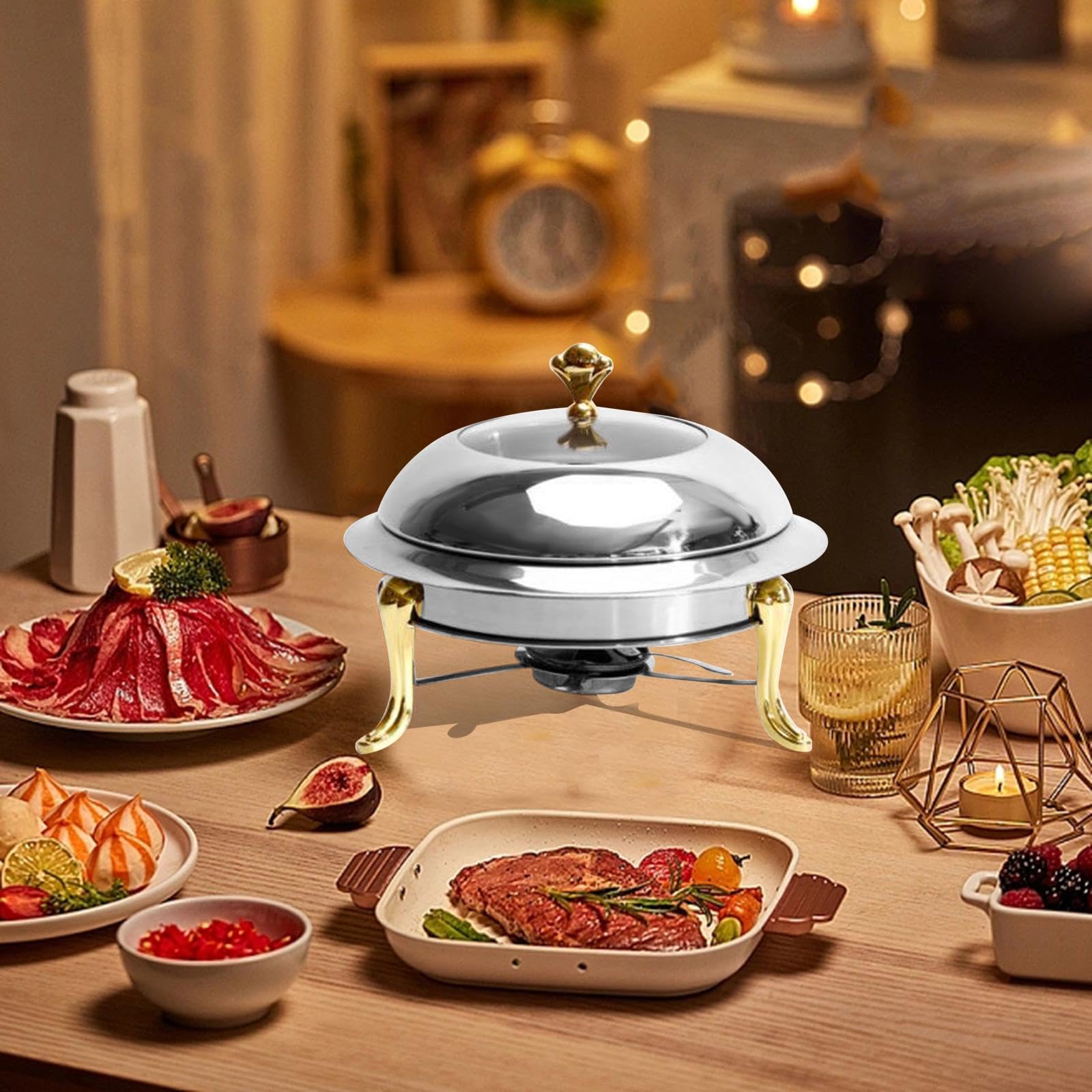 Calentador de Alimentos de Acero Inoxidable, Olla Redonda de Gran Capacidad, Sartén Antiescaldaduras, Olla Pequeña para Buffet, Calentador de Alimento, Oro 20cm