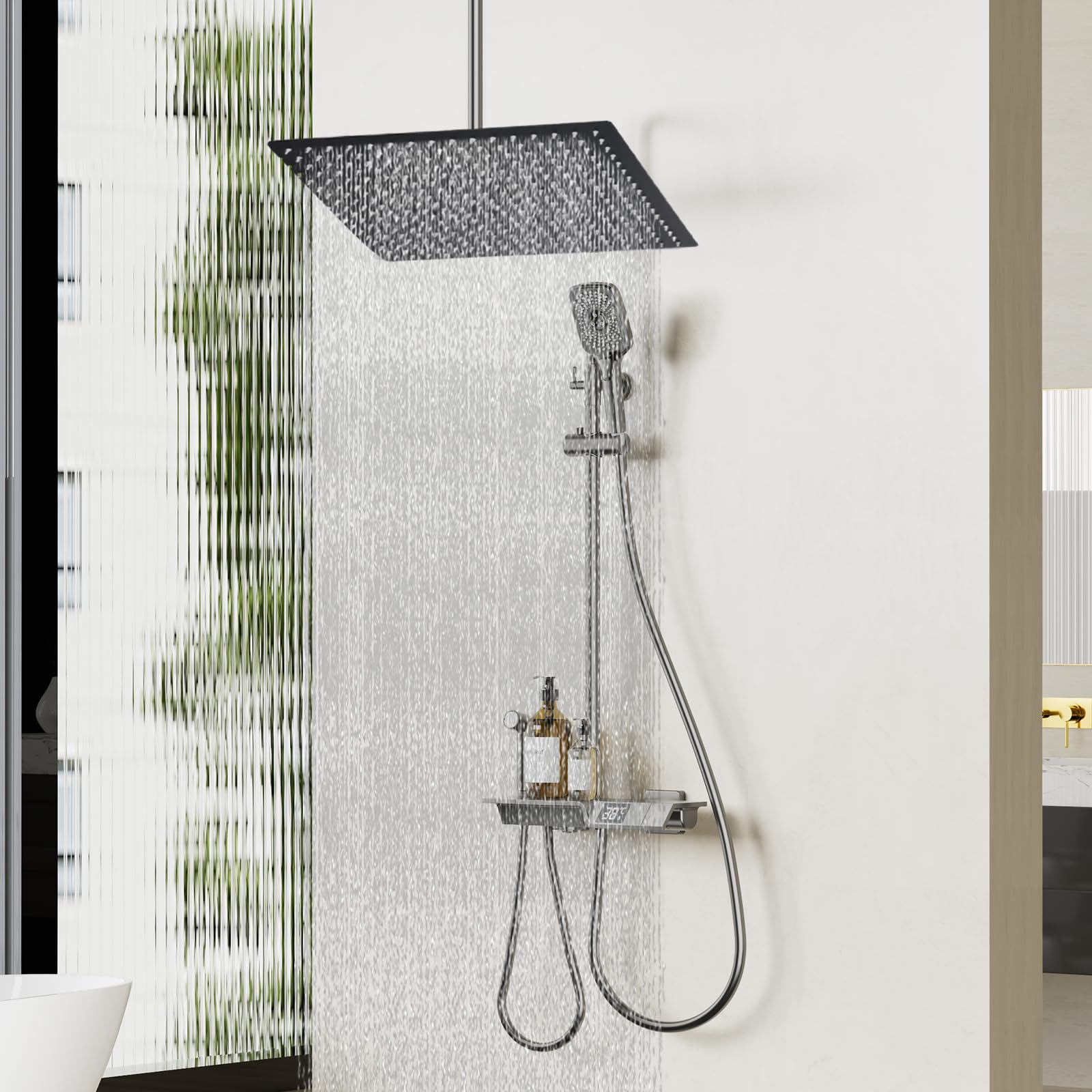 Alcachofa de ducha de 40 cm, grande, acero inoxidable 304, ahorro de agua, con boquillas antical 324, ajustable a 360°, cabezal de ducha de lluvia de 16 pulgadas, rectangular (negro)