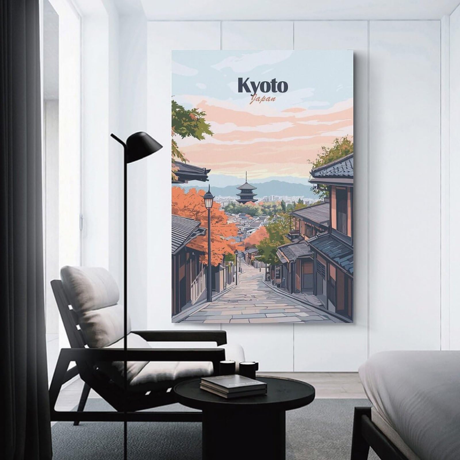 Junmoney Kyoto Japan Illustration Hanging Wall Art, 24x36inch(60x90cm), for Entryway, Lounge Links Or Small Walls, Home Artwork for First Impressions