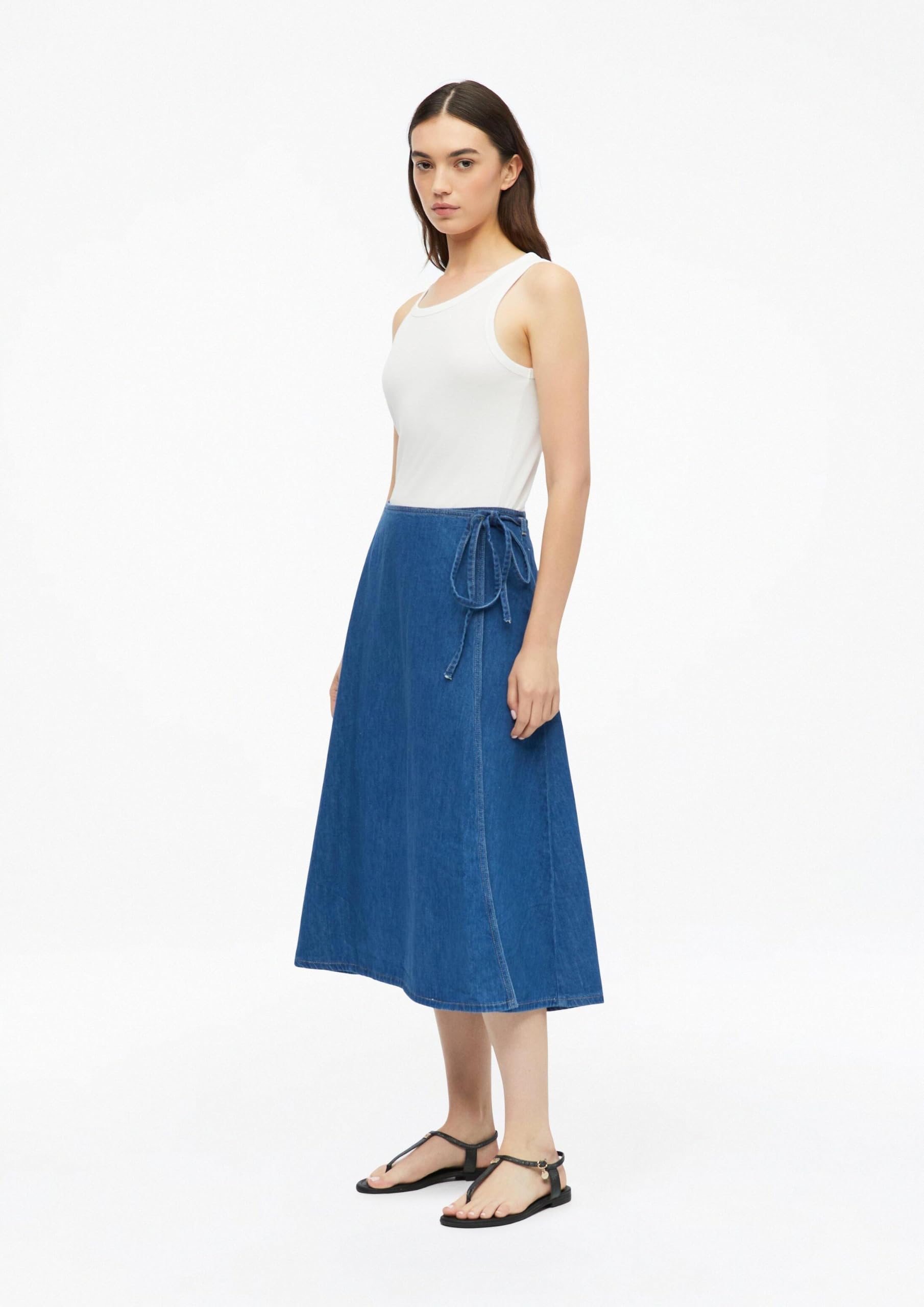 s.Oliver Damen Rock – Regular Fit, Denim, High Rise, Midi-Länge mit Bindeband und Gürtelschlaufen – Für Urlaub