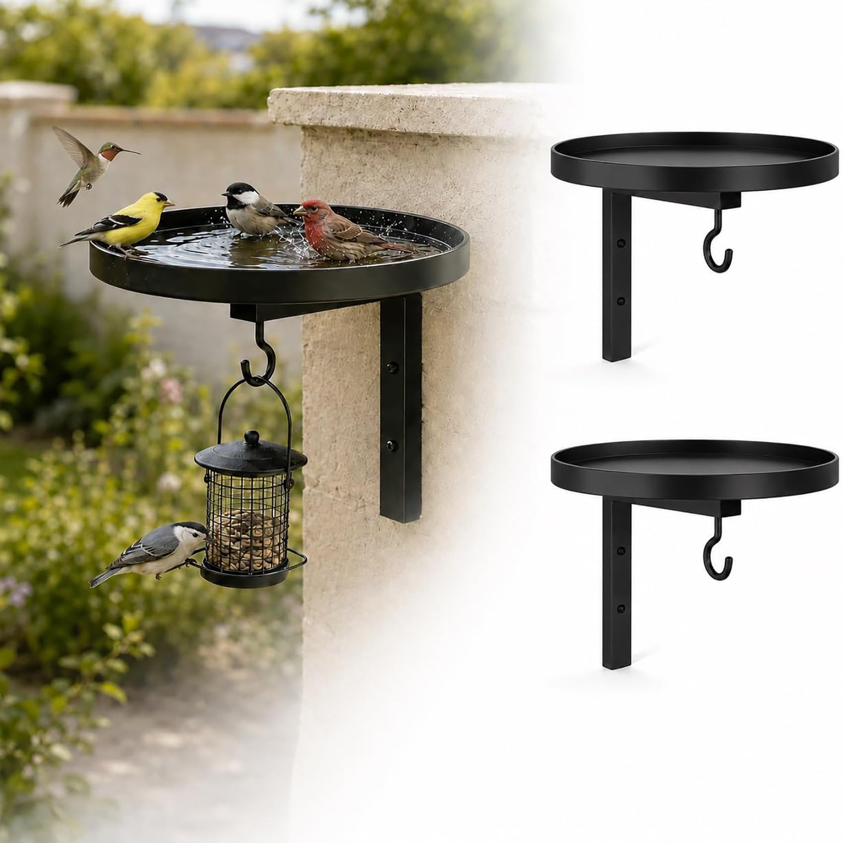 Vasca per uccelli in metallo da parete, abbeveratoio e mangiatoia per uccelli da esterno, resistente alle intemperie, ideale per balconi, patii, giardini, cortili e altri spazi esterni. (2PCs)