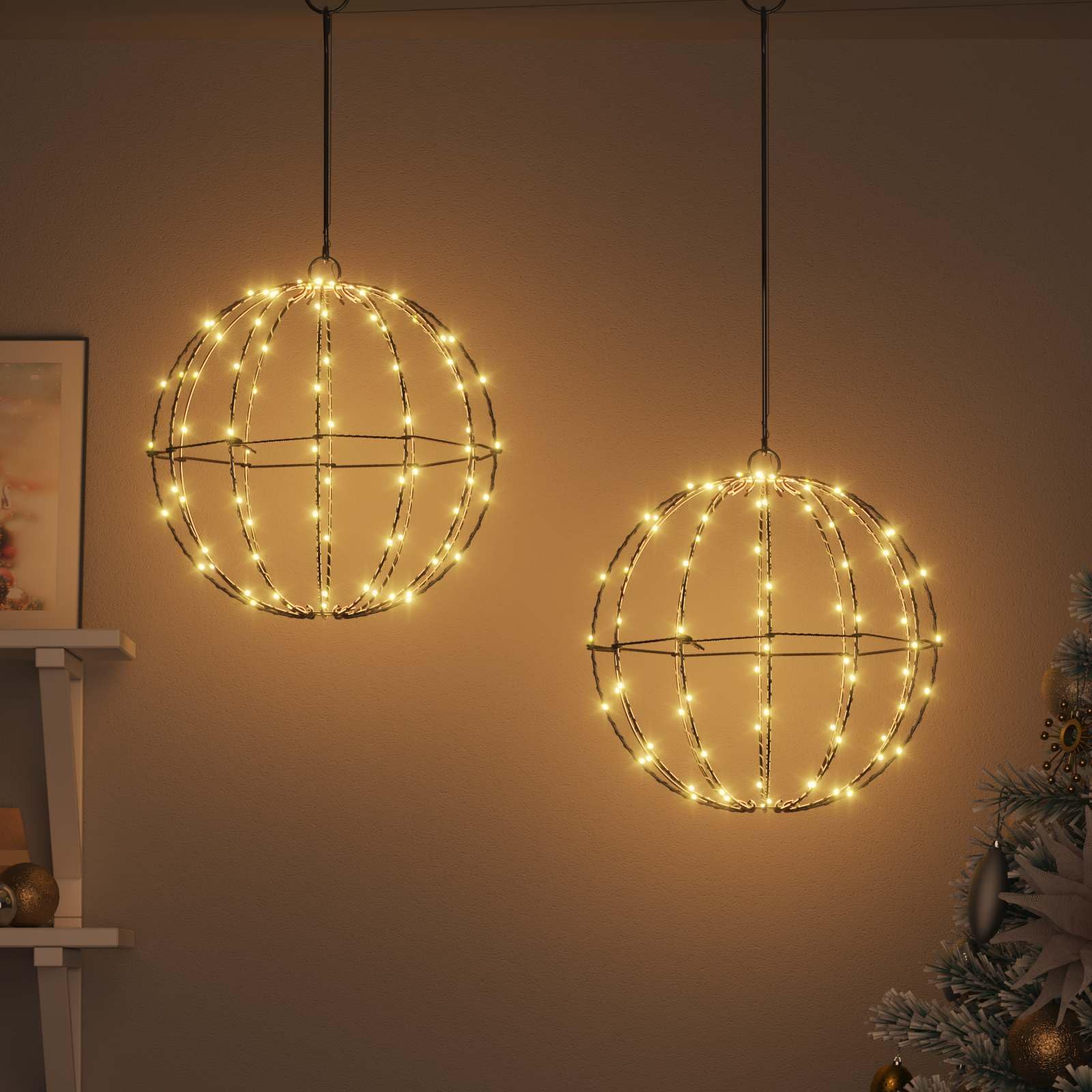 Palla con 192 LED in metallo, 2 pezzi, bianco caldo, 30 x 30 x 32 cm, alimentata tramite USB, decorazione per albero di Natale per interni ed esterni, decorazione natalizia