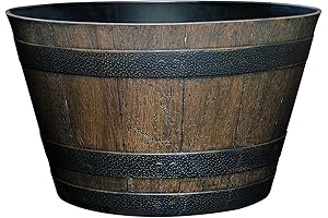 Classic Home and Garden Whiskey Plastic Resin Flower Pot Barrel Planter, Walnut...