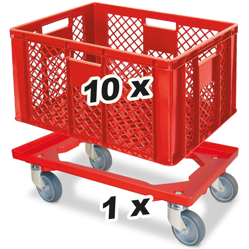 BRB Juego de 10 contenedores apilables europeos con ruedas de transporte, 600 x 400 x 320 mm, calidad industrial, apto para alimentos, color rojo