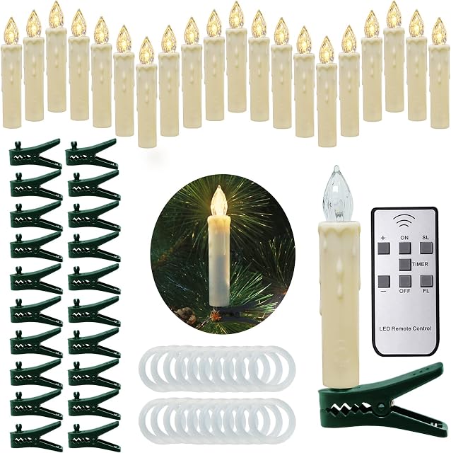 Ymenow Christmas Candles with Remote Timer, 20pcs (1.5*9cm) Waterproof Battery Operated Christmas Tree LED Taper Candles Floating Candles with 20 Clips for Xmas Tree Home Outdoor Decor - Warm White