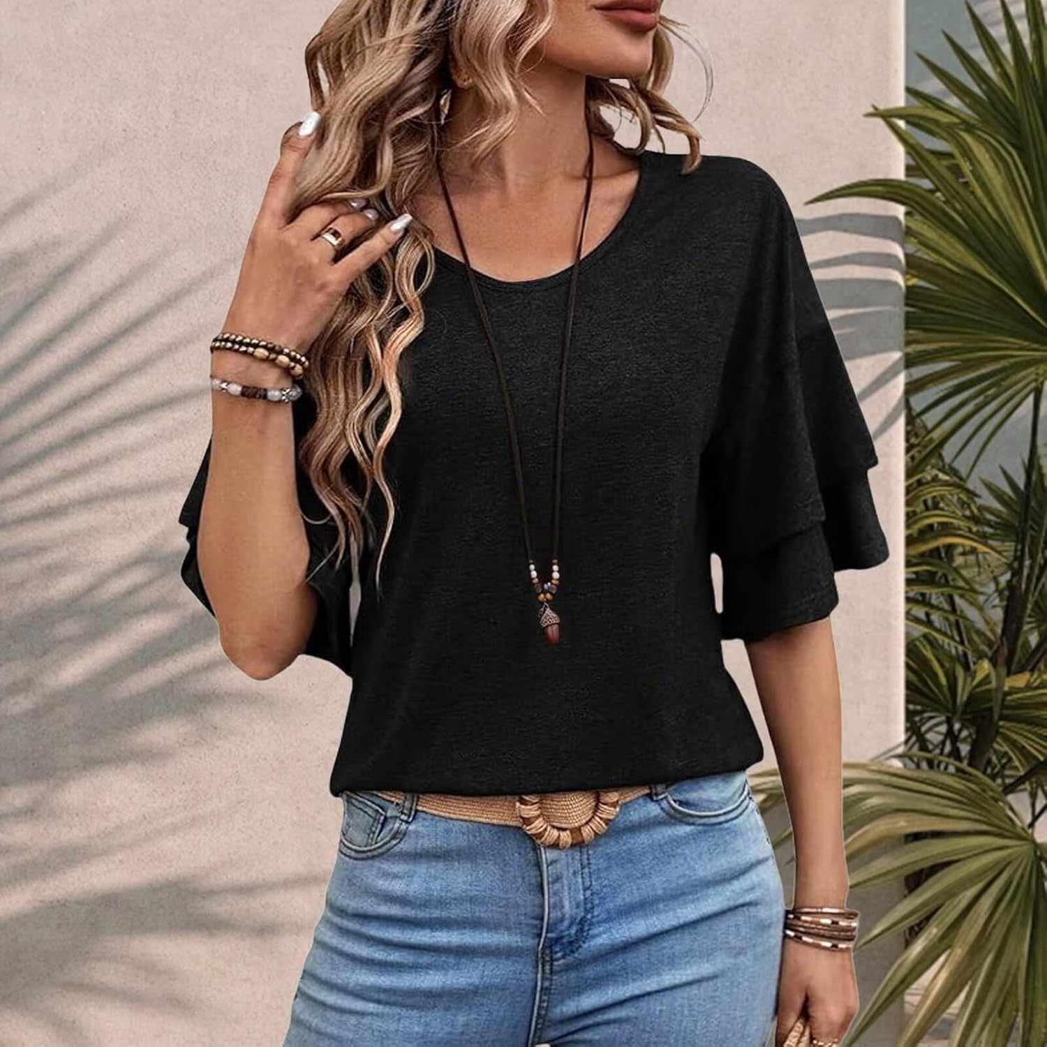 Womens Crew Neck Sleeve Tops Double Ruffle Short T-Shirt Dressy Casual Blouses Spring Summer Fall Loose Fit Tunic - Image 4