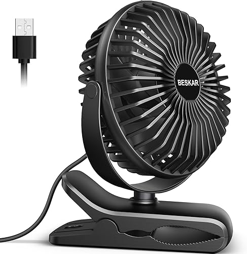 BESKAR Ventilador de clip de 6 pulgadas, ventilador pequeño de 3 velocidades con fuerte flujo de aire, clip y ventilador de escritorio USB con