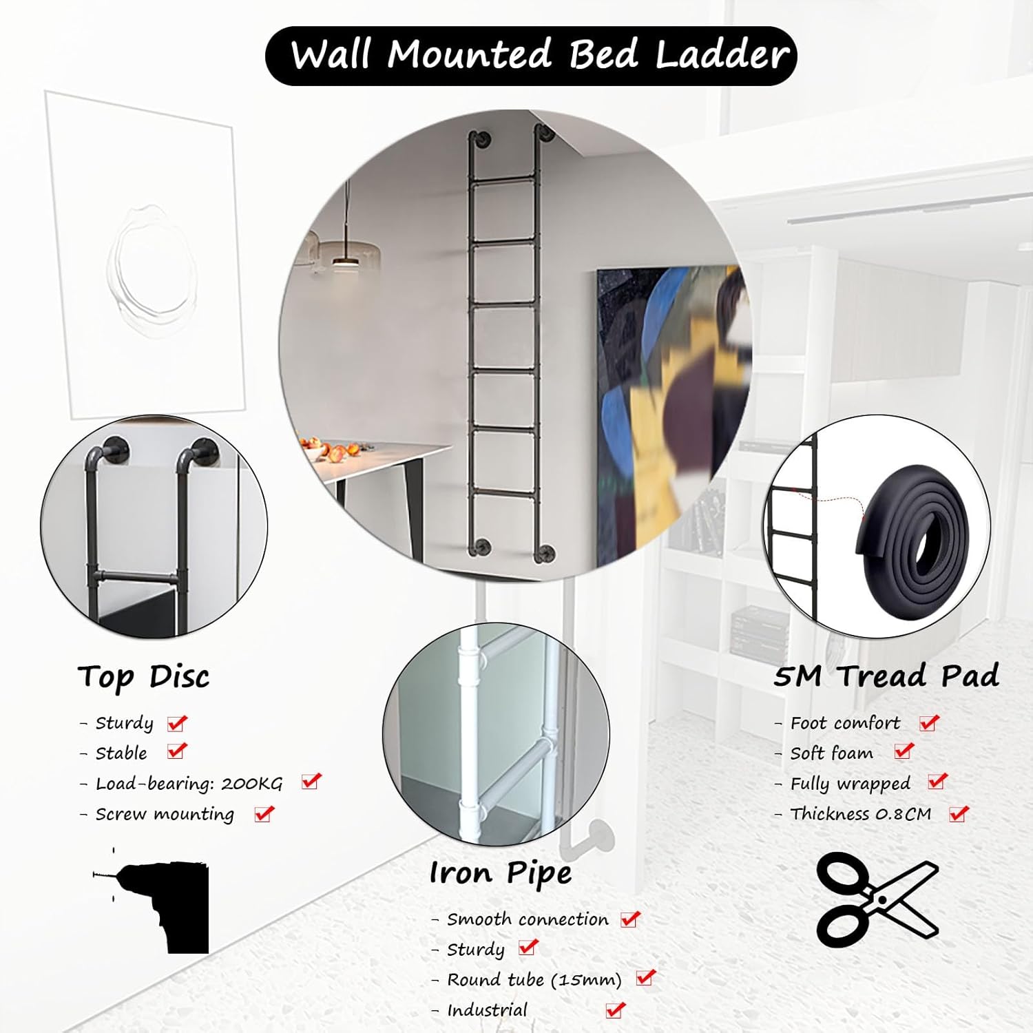 6.6 Ft Heavy Duty Escape Ladder for External Wall Basement Well Window Indoor Loft Two Story Mount Rv Bunk Bed/Bedroom Twin Bed Side Ladder with Rung Easy Climb Ladders