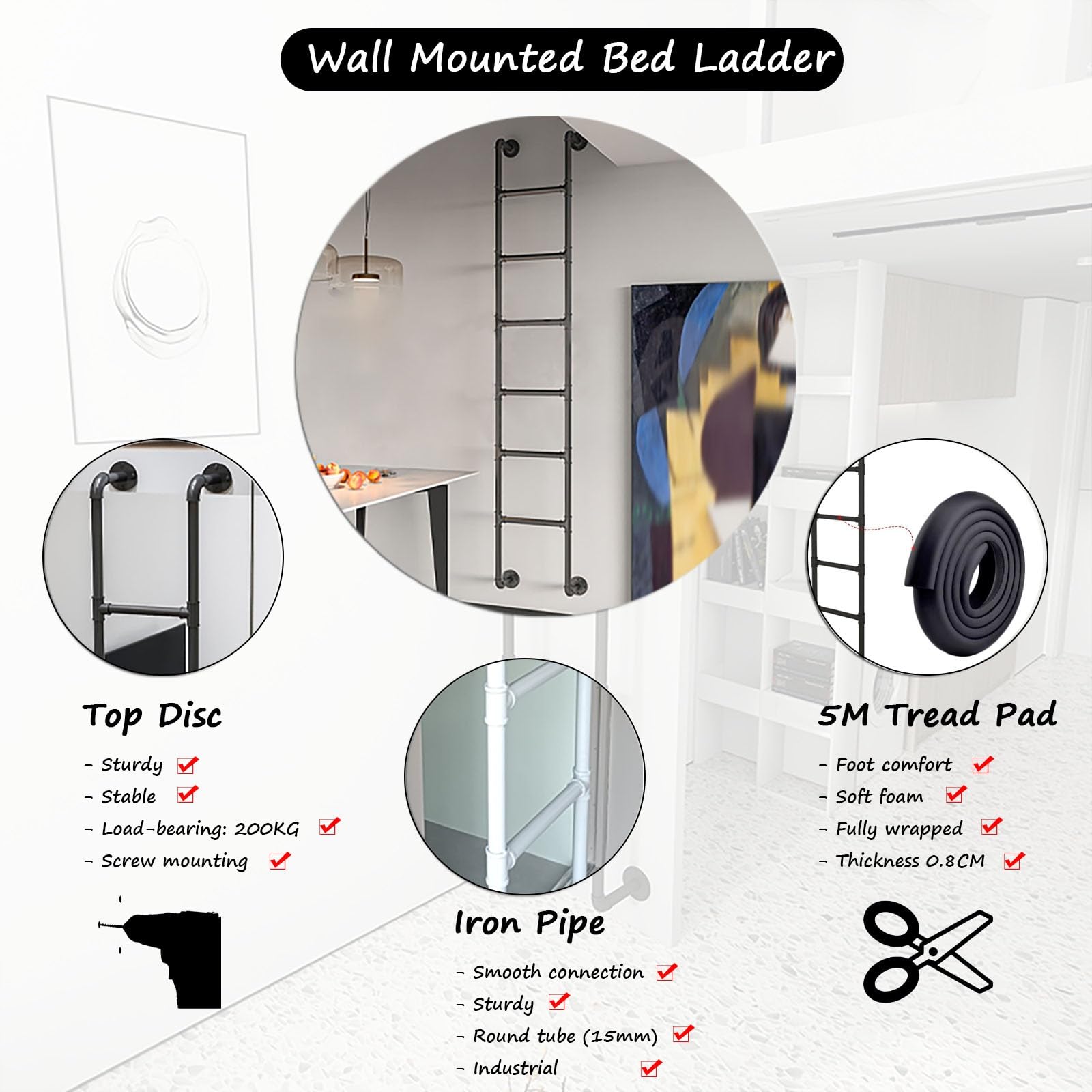 Hochbett Leiter Metall-Leiter Für Fensterflucht, Wandmontierte Hochbett-Etagenleiter 0.8 1 1.2 1.6 1.9 2 2.5 M Ausstiegstreppe Leiter Für Wohnmobil Wohnwagen Wohnmobil Interieur, Belastung 200kg Klett