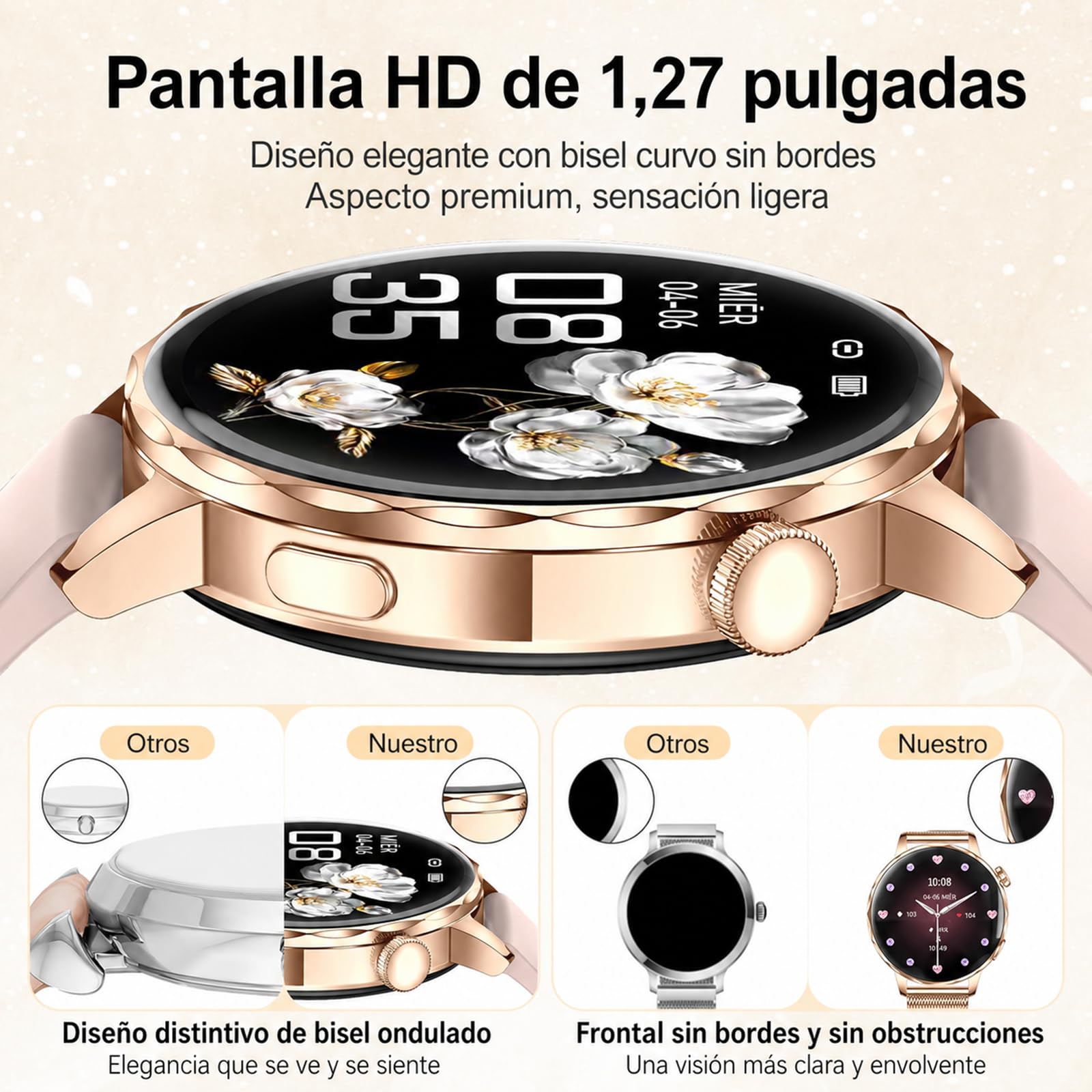 Efolen Reloj Inteligente Mujer con Llamadas Bluetooth, 1.27" Smartwatch Mujer Redondo con 2 Correas, 120+ Modos Deportivos, Pulsómetro, SpO2, Sueño, IP68 para Android iOS, Oro Rosa