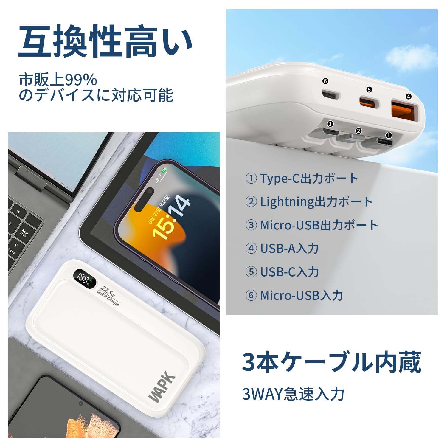 Amazon | モバイルバッテリー 大容量 20000mAh 5台同時充電 小型 22.5w