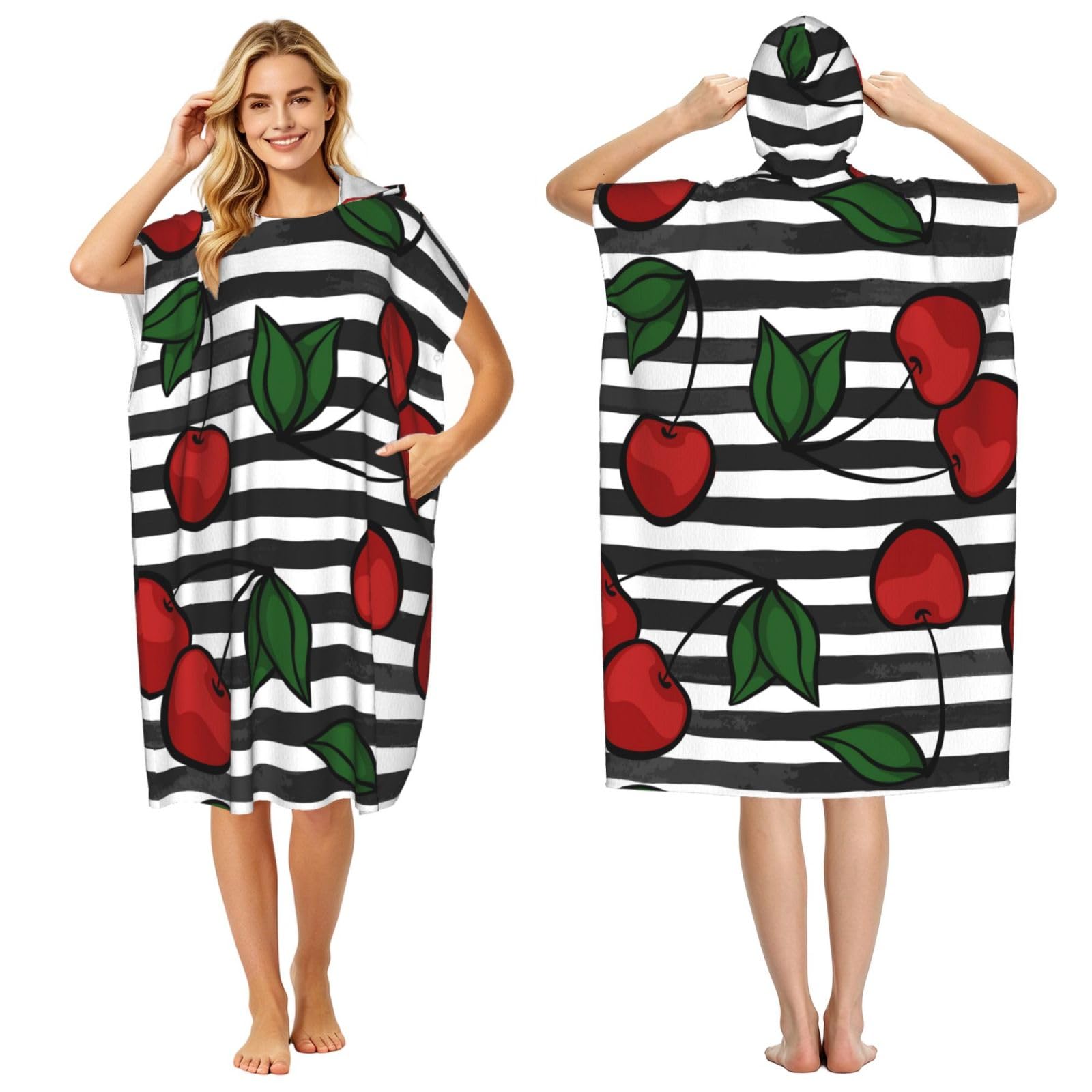 Poadnly With Cherry On Black And White, Adult Hooded Beach Towel 90 x 110 cm,Changing Bath Robe, Surf Poncho Towel For Women Men